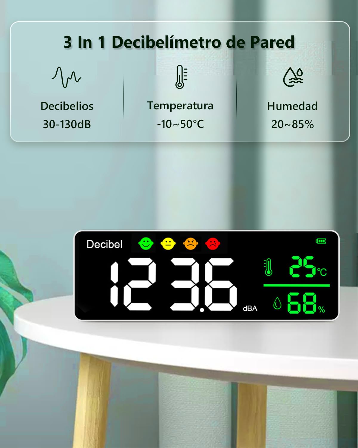 Digital Medidor de Decibelios, 3In1 Sonómetro 30-130dB (±1.5dB), Medidor Nivel Sonido con Temperatura y Humedad, Volumen Ruido Tester Pantalla LCD 11" para Hogar, Habitación del Bebé, Biblioteca