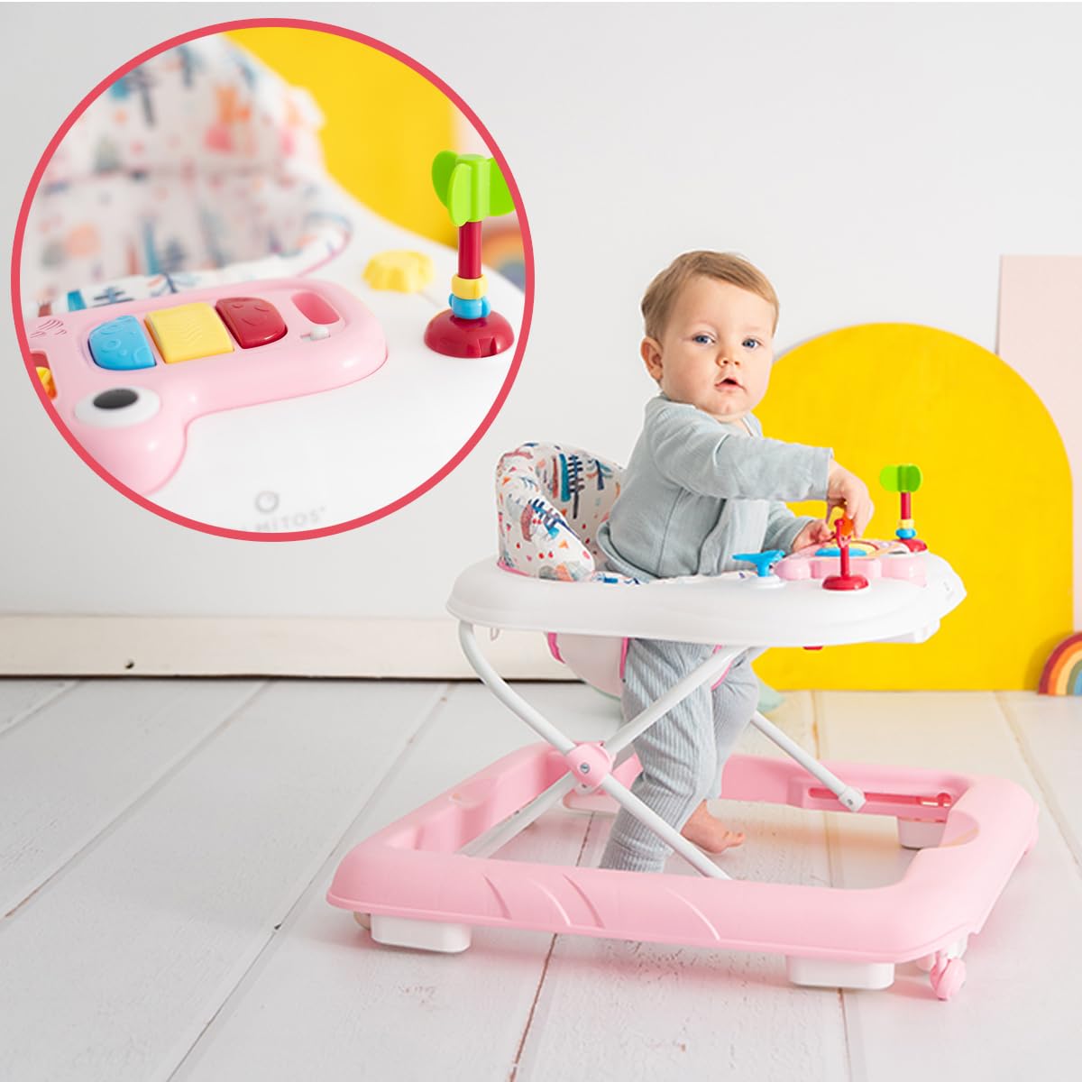 Olmitos - Andador bebe con Bandeja de Actividades – Primeros pasos Estimulación Sensorial y Desarrollo Motriz - centro de actividades plegable y regulable – Seguro con Sistema Stopper (Pink Stars)