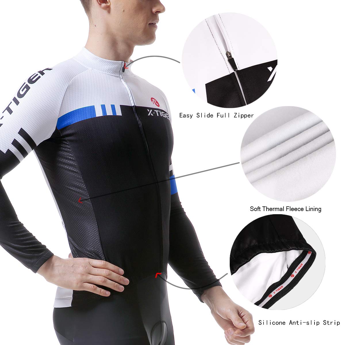 X-TIGER Ciclismo Inverno Termico Vello Completo Giacca Maglia Maniche Lunghe Maglietta Manica da Uomo 5D Gel Pantaloni Lunghi con Pettorina Set di Abbigliamento Ciclista
