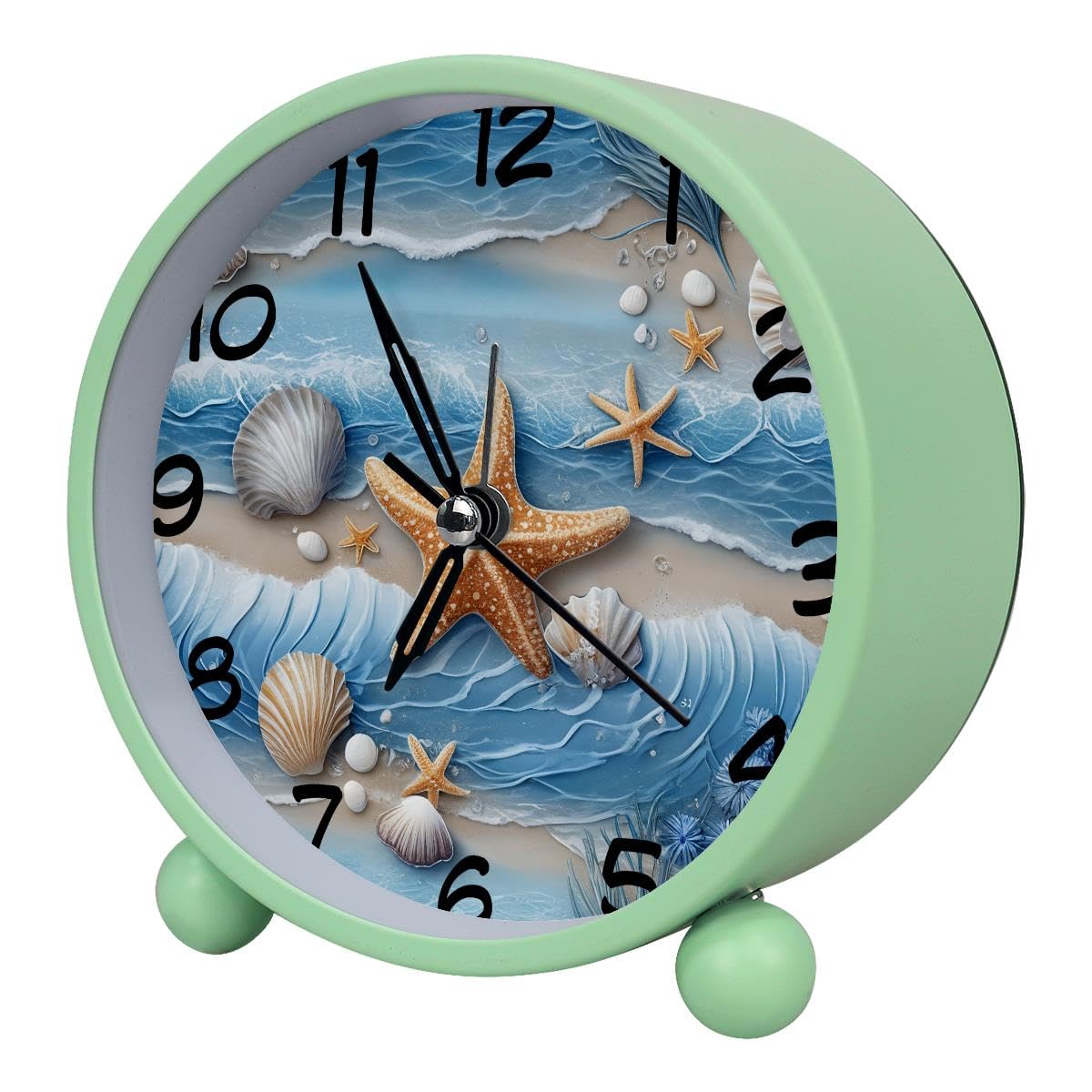 Luoweisi Analog Alarm Clock Starfish Beach, Silent Non-Ticking with Night Light, Battery Operated, Round Desk Alarm Clock for Office, Bedroom, Elderly, Adults, Children, Student Gifts