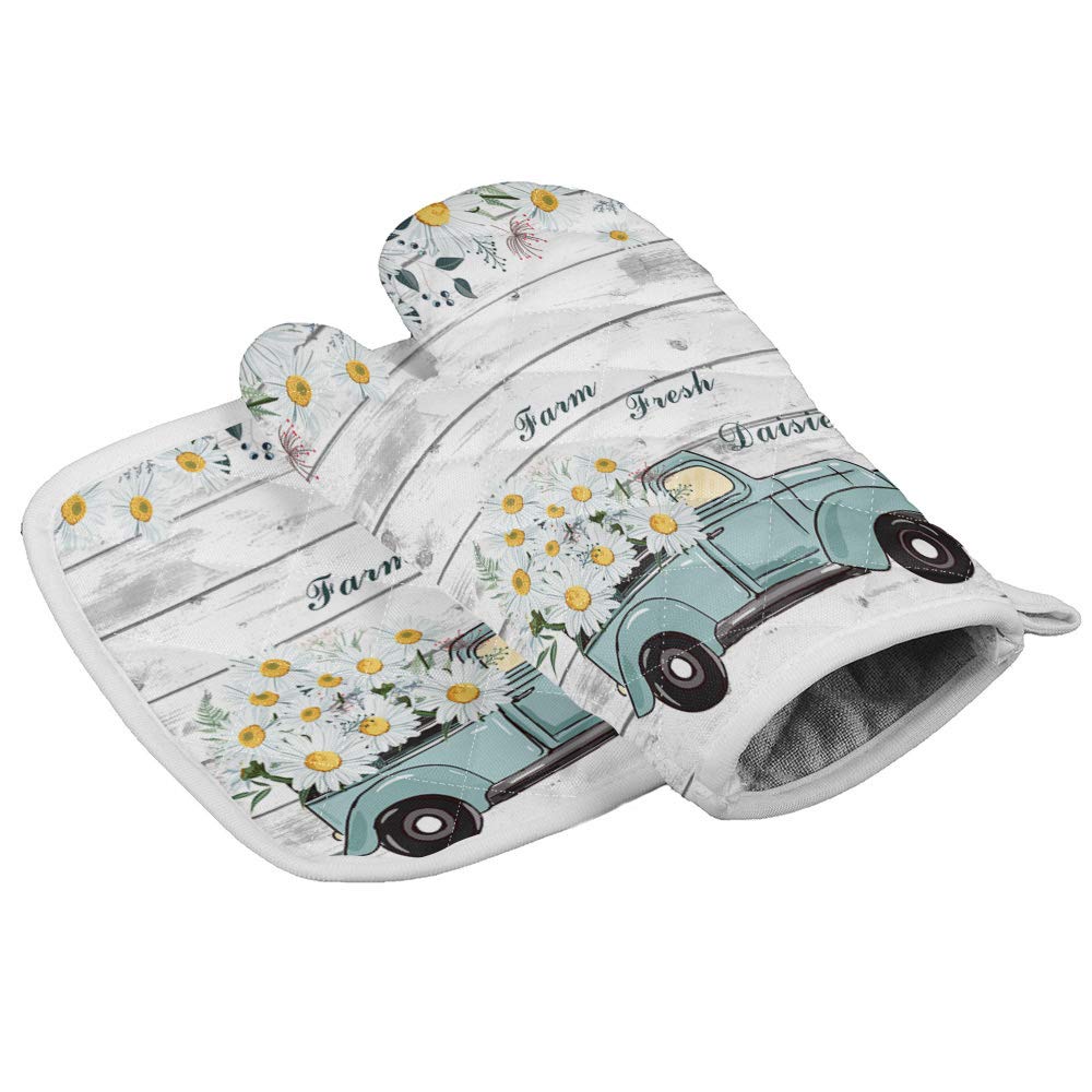 Chic DKitchen Oven Mitts Gloves and Pot Holders Sets,Truck Farm Fresh Daisies Vintage Heat Resistant Oven Mittens and Potholders Hot Pads Set Non-Slip for Cooking BBQ Baking Grilling