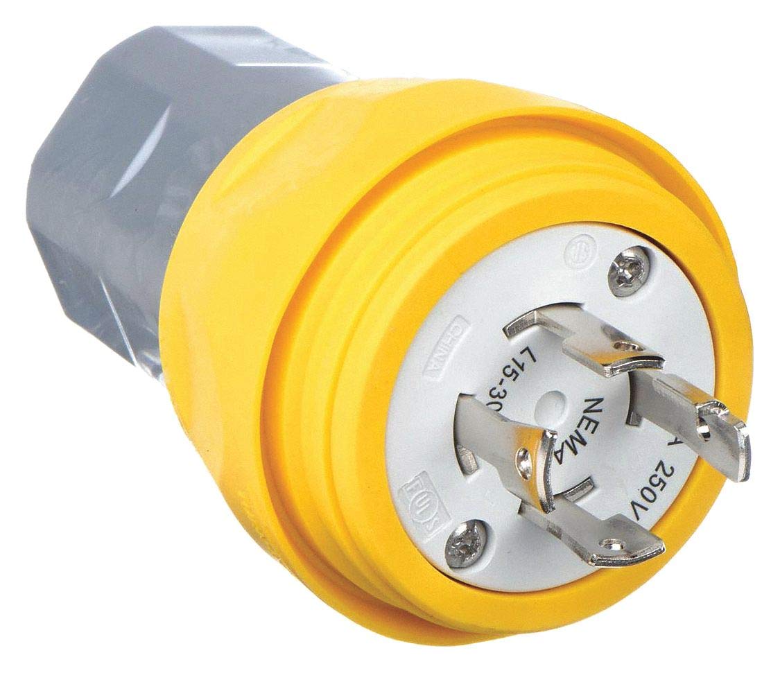Hubbell Wiring Device-KELLEMS 30A Industrial Grade Non-Shrouded Watertight Locking Plug, Yellow; NEMA Configuration: L15-30P