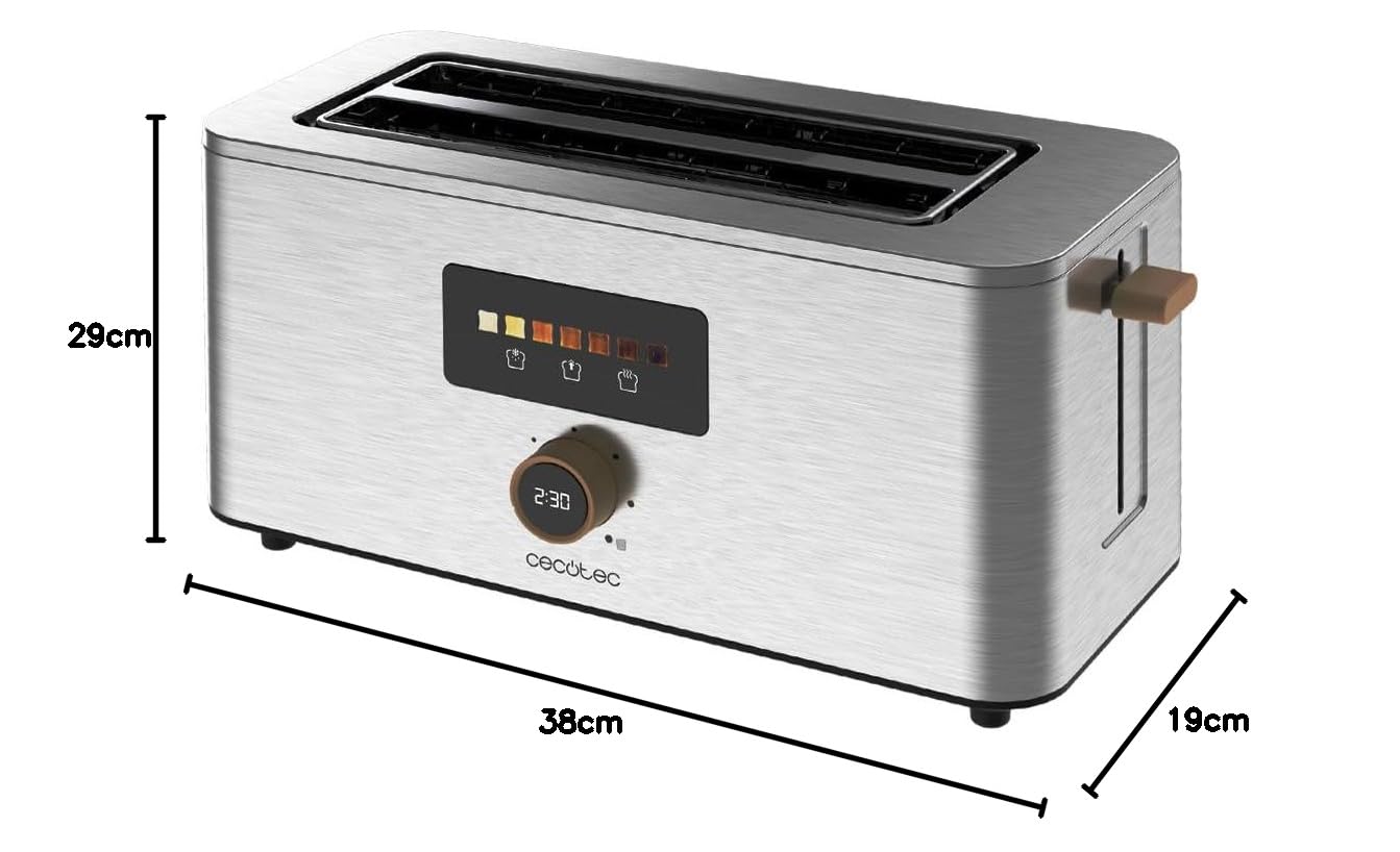 Cecotec Tostadora Vertical 2 Ranuras Largas Touch&Toast Extra Double. 1500 W, 4 Rebanas de Pan, Ranuras Extra Anchas 3,5 cm, Pantalla Táctil y Perilla Digital, Acabados en Acero Inoxidable