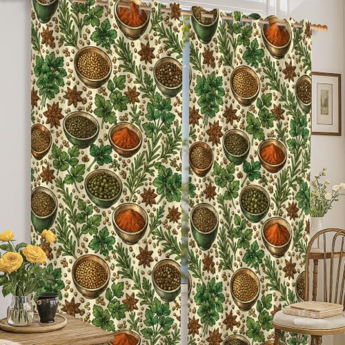 Rideaux occultants lavables en machine motif épices vintage vert automne