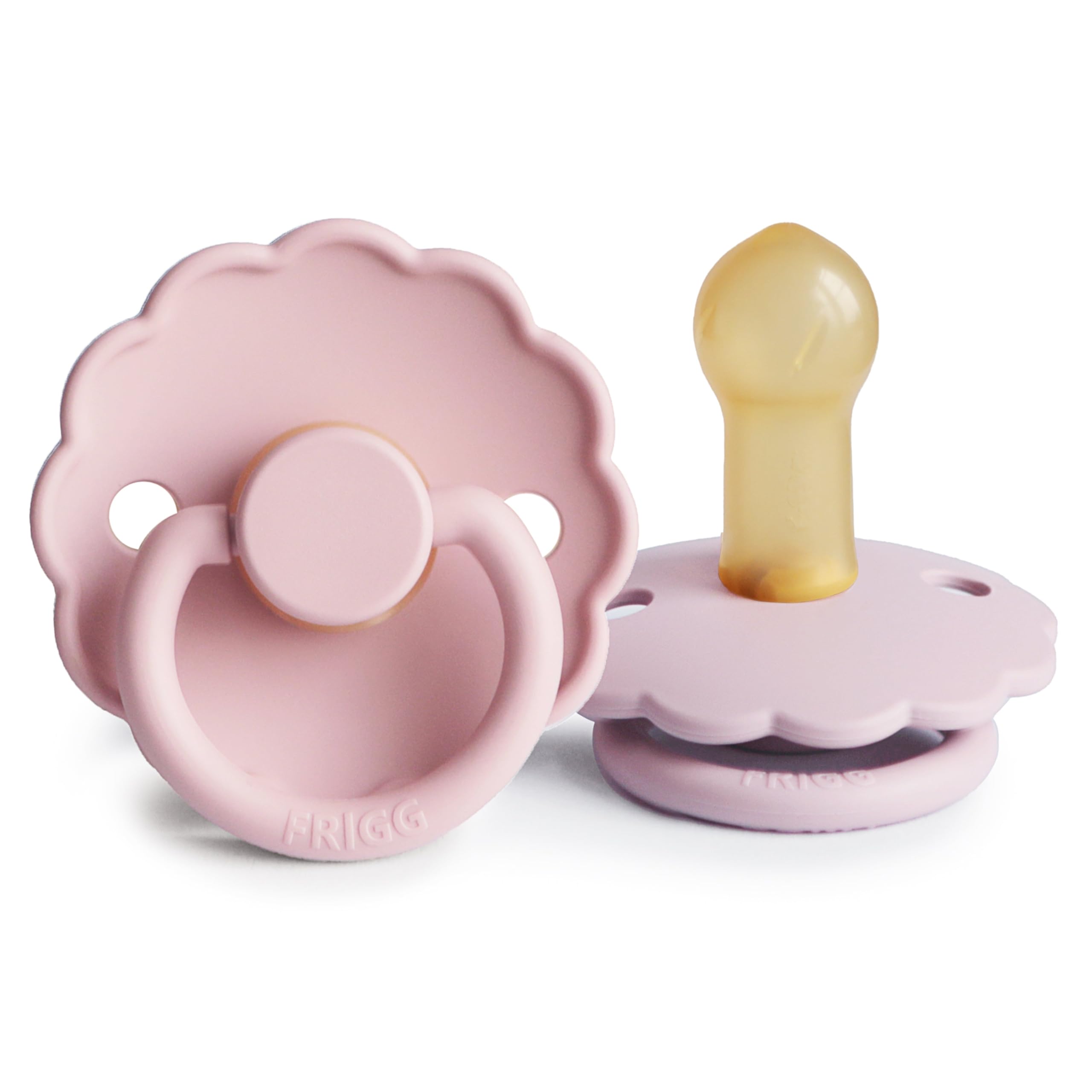 FRIGG Daisy Natural Rubber Baby Pacifier | Made in Denmark | BPA-Free (Baby Pink/Soft Lilac, 6-18 Months) 2-Pack
