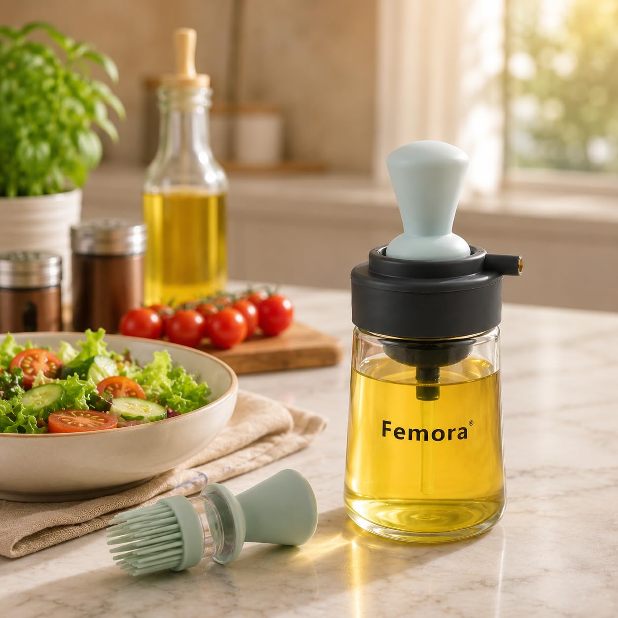 Femora Glass Oil Dispencer Bottle With Silicone Brush, Dropper, 350 ML, Pack of 1, Grey,Cooking Oil 3
