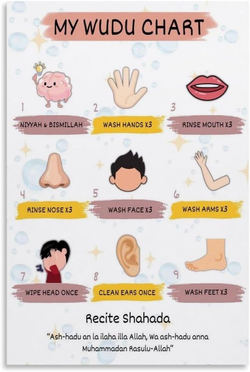 Islamic Educational Muslim Wudu Step by Step Chart Guide Kids Learning Poster Wall Decor Gift for Home Kitchen Office Club Bar Gym 8x12 inch