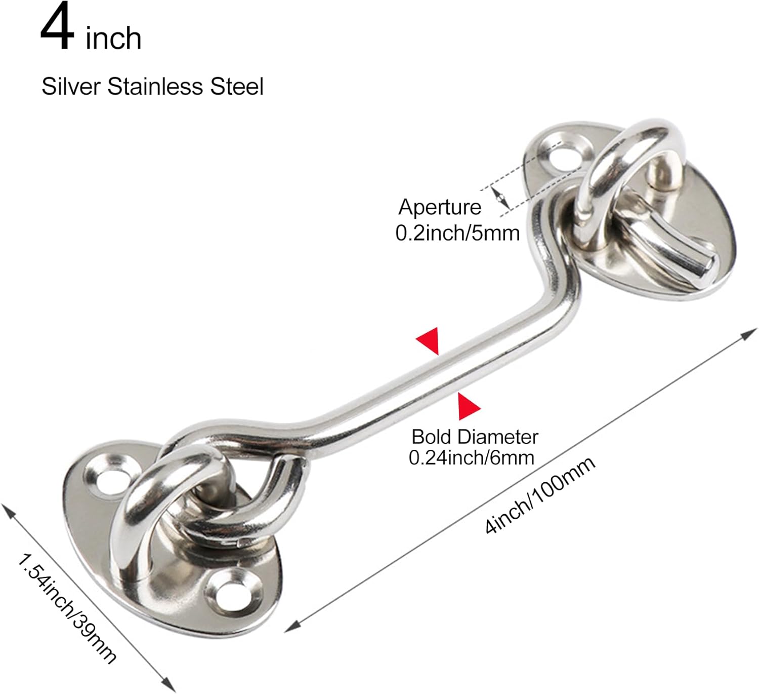4" Privacy Hook and Eye Latch Easy Lock for Barn Door, Stainless Steel Gate Latch, Cabin Hook Latches,Silver