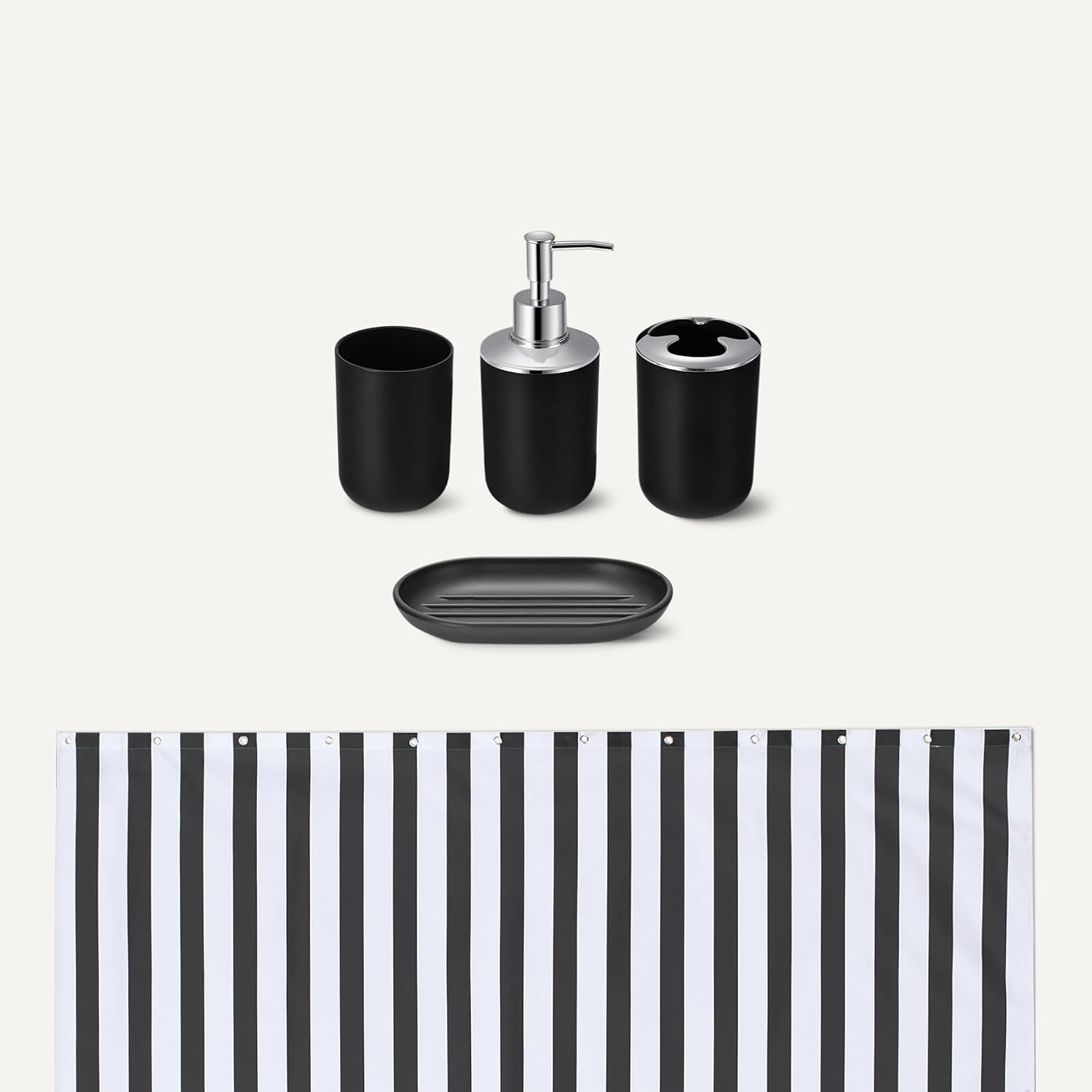 Complete Amazon Basics 18-Piece Bathroom Set components laid out, including a striped shower curtain, black bath mat, and four black plastic accessories: a tumbler, soap dispenser, toothbrush holder, and soap dish, along with white shower curtain hooks.