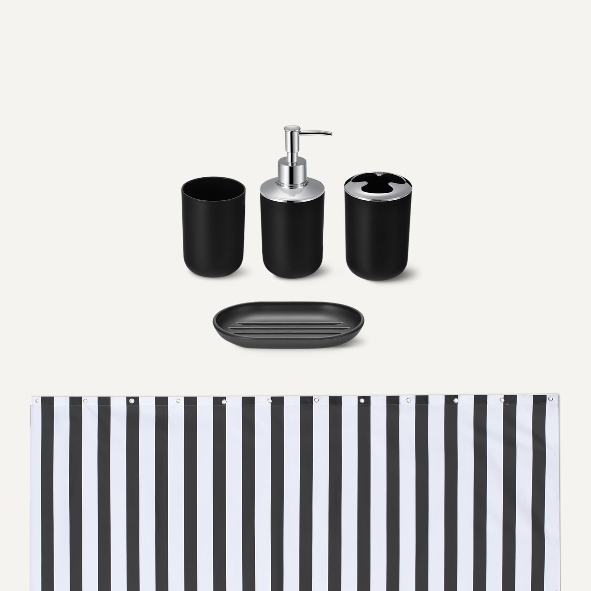 Amazon Basics Set d'Accessoires Salle de Bain : Rideau de Douche avec Crochets, Tapis de Bain Memory Foam, Distributeur de Savon, Porte-Savon, Porte-Brosse à Dents & Gobelet, Noir