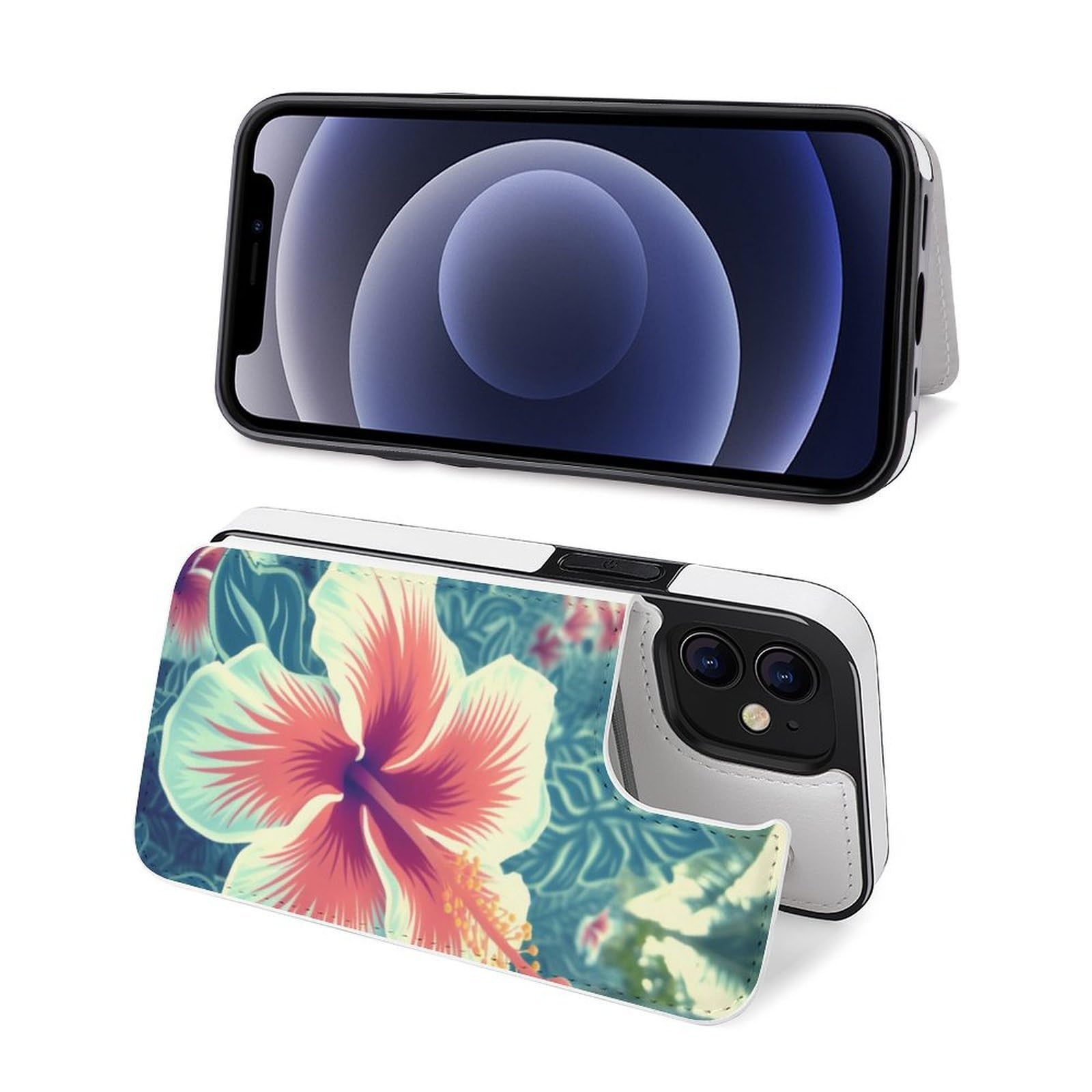 Fundas tipo cartera para iPhone 12, diseño de flores hawaianas, funda de piel con ranuras para tarjetas