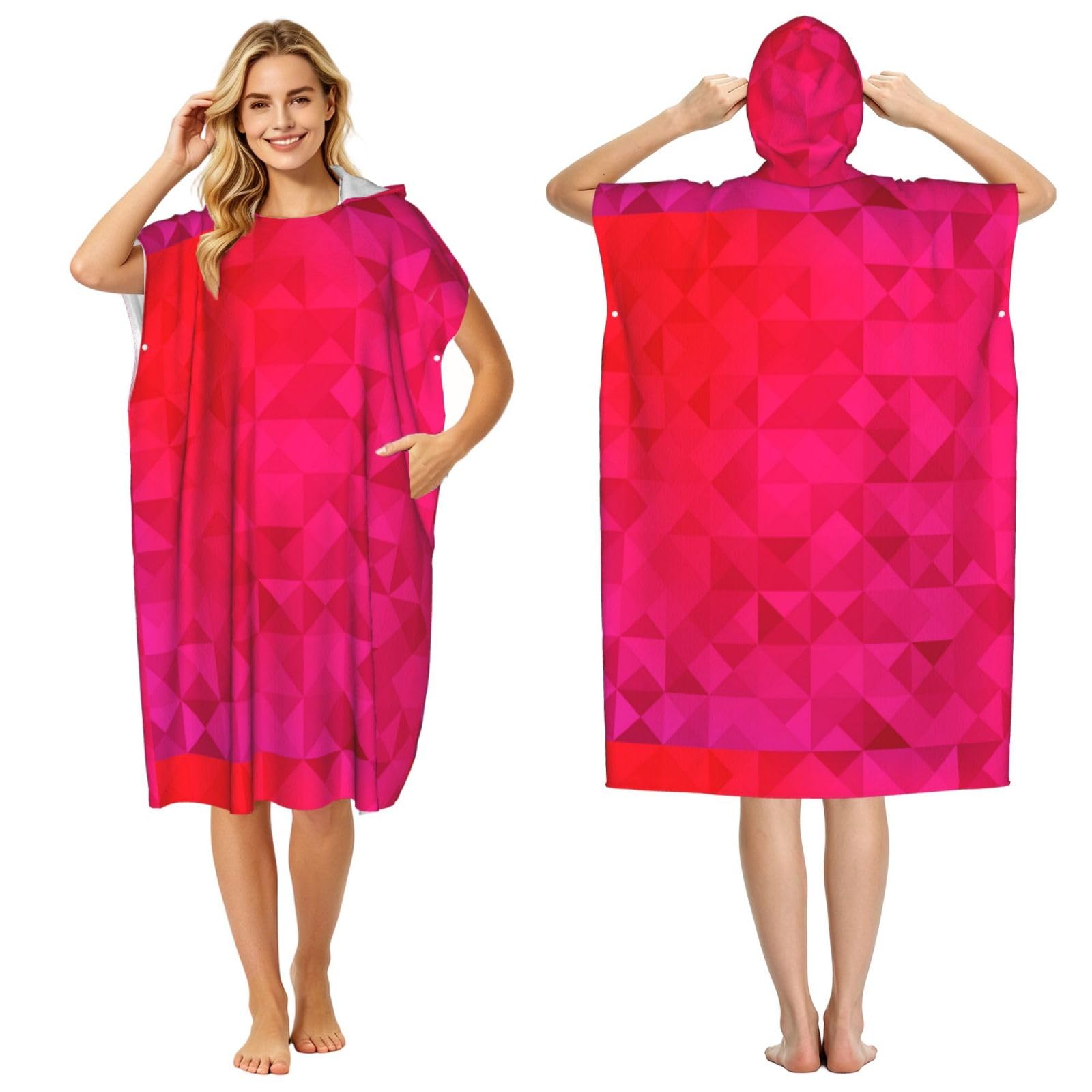 Poadnly Fuchsia Triangle Geometric, Adult Hooded Beach Towel 90 x 110 cm,Changing Bath Robe, Surf Poncho Towel For Women Men