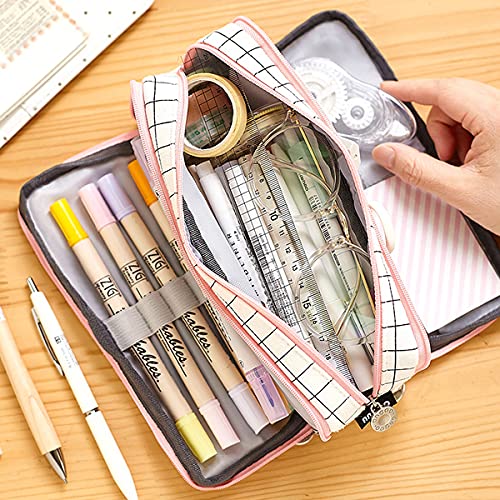Image of MAMUNU Big Capacity Pencil Pen Case, 3 Compartments Large Storage Canvas Pencil Pouch with Zipper, Aesthetic Pencil Pouch For School Students Teen Girls Boys (Pink White)