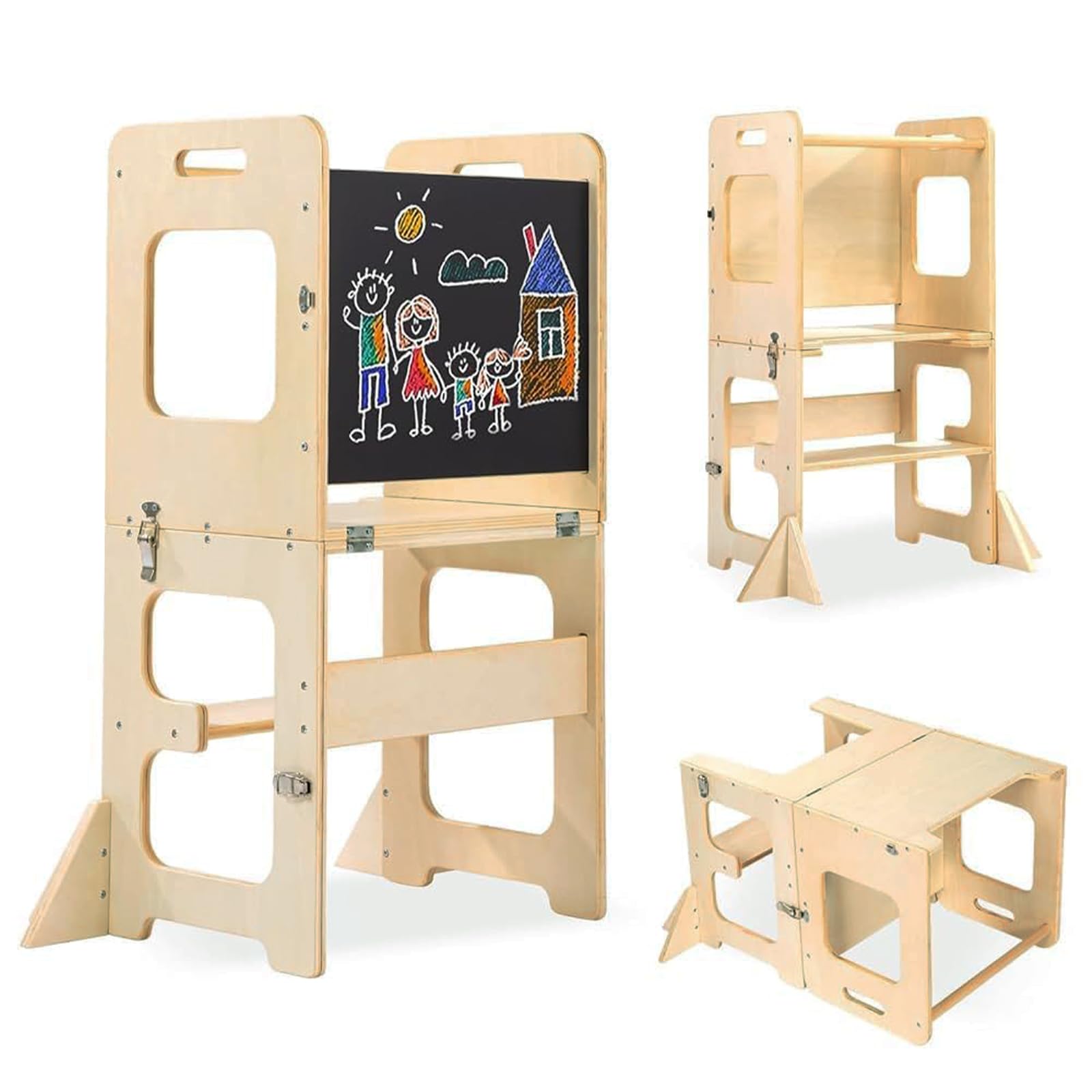 Torre de pie para niños pequeños, torre de aprendizaje 2 en 1, taburete de madera auxiliar con pizarra Montessori y Waldorf ayudante para niños, taburete de madera con mesa de escritorio y silla