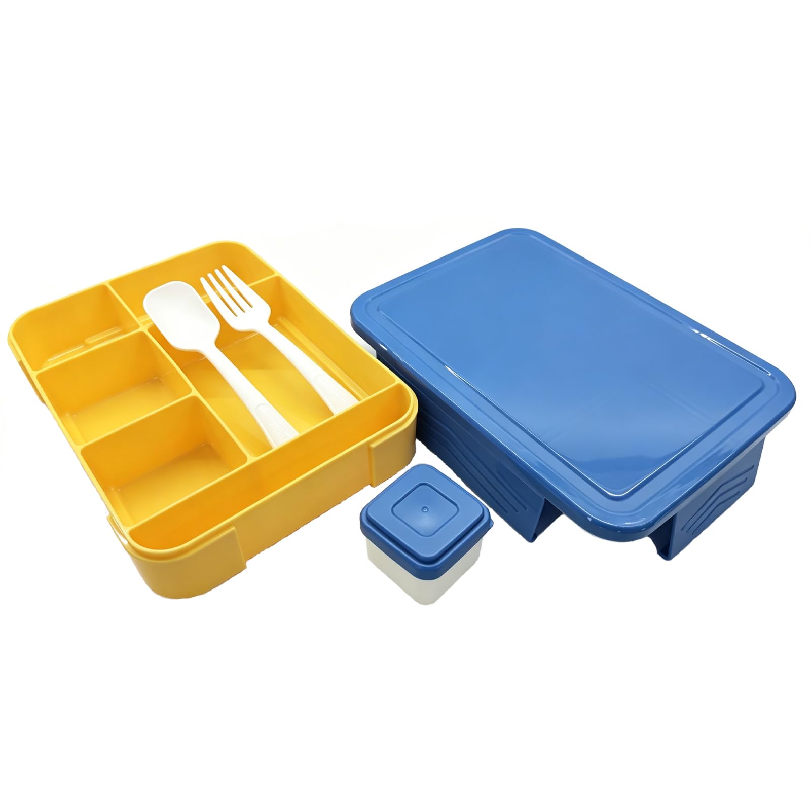 XIJINA Lunch Box Kids Adults, Leakproof Bento Box Lunchbox with 5 Compartments & Sauce Pot & Cutlery, BPA Free, Microwave Dishwasher Safe Snack Box Sandwich Box for School Boys Girls (Blue Yellow)