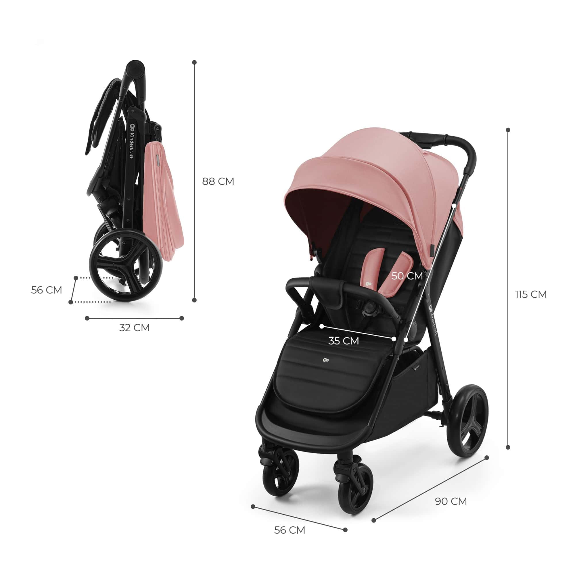 Kinderkraft RINE wózek dziecięcy, do 22 kg, składany jedną ręką, wodoodporny daszek z filtrem UPF50+, pozycja leżąca, uchwyt na napoje w zestawie, różowy