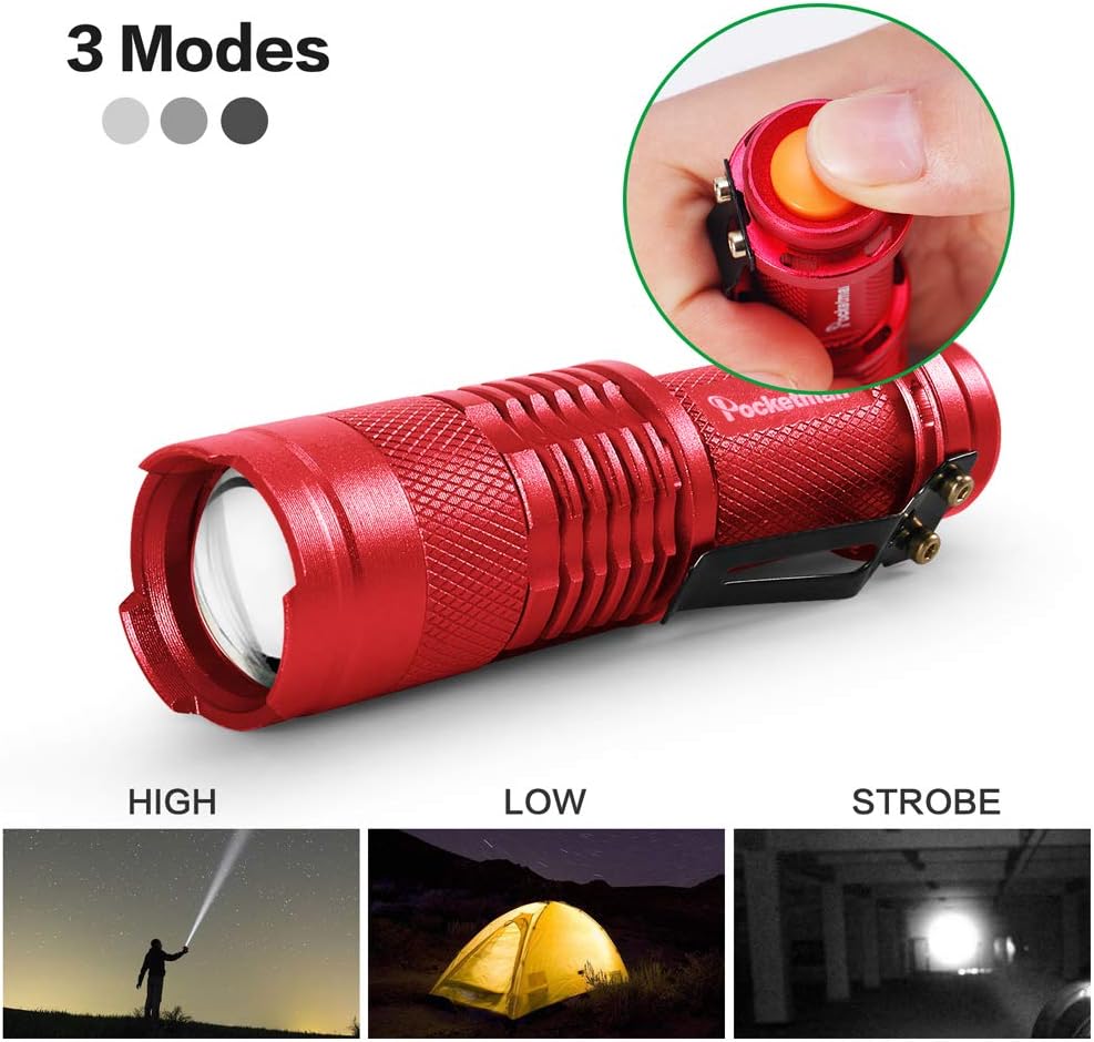 5 Pack LED Mini Flashlights 7W 300LM SK-68 3 Modes Adjustable Focus Zoomable Q5 LED Tactical Flashlight for Camping Hiking Emergency (Red) - - 