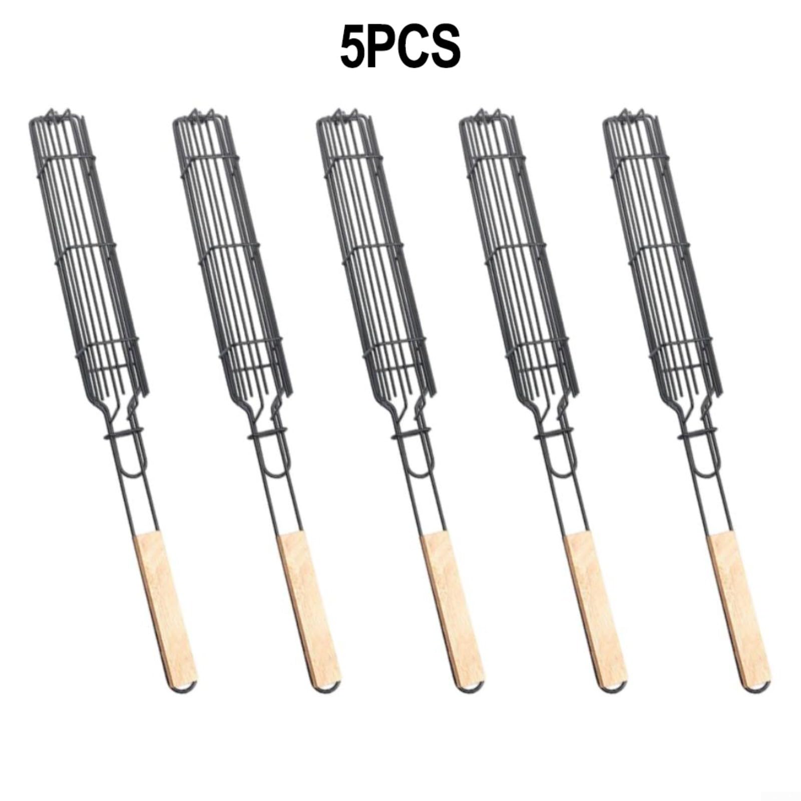 Lot de 5 paniers de barbecue avec poignée en bois, cage en fer, saucisses, hot dogs, viande et légumes, outils de barbecue d'extérieur en maille verrouillable, noir