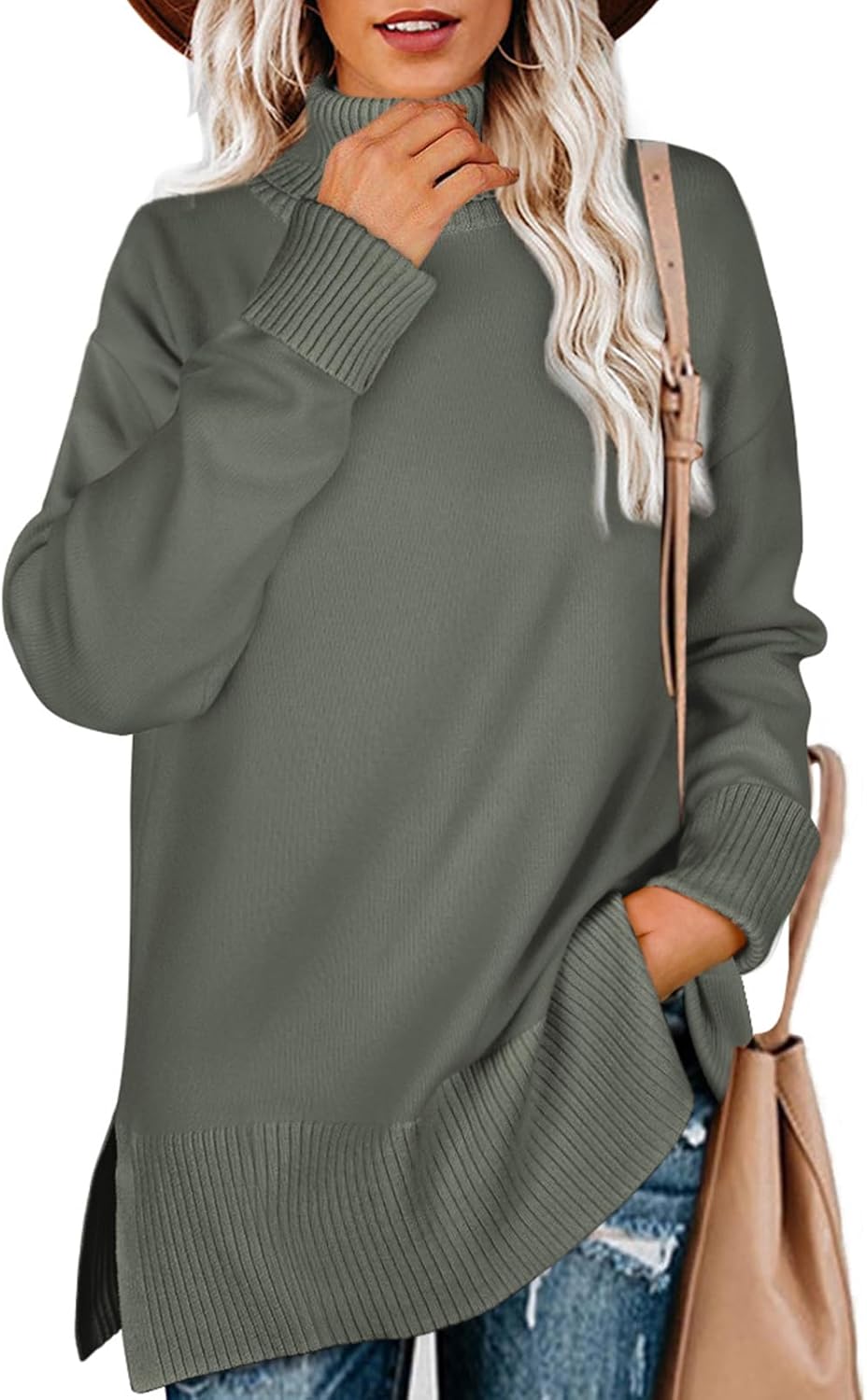 Glanzition Sweaters for Women Turtleneck Side Split Oversized Pullover Tops