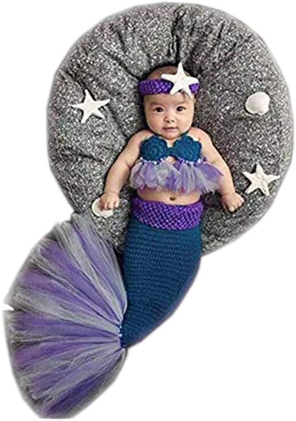 Newborn Baby Girl Costume Knitted Photography Props Mermaid Headband Bra Tail