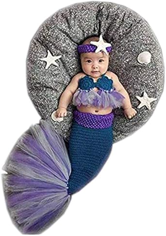 Newborn Baby Girl Costume Knitted Photography Props Mermaid Headband Bra Tail