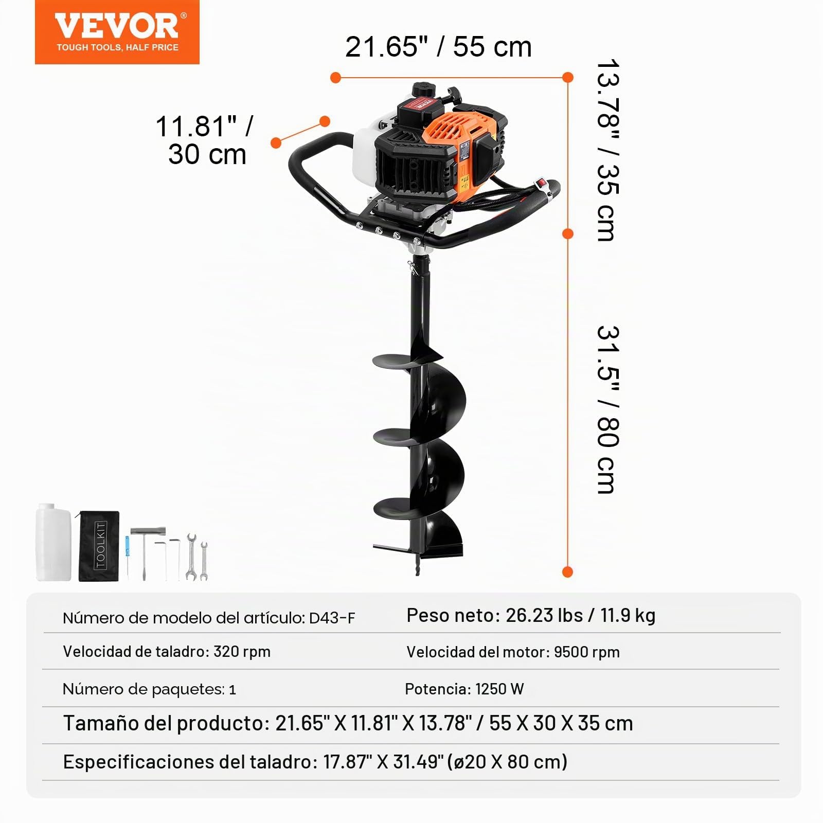 VEVOR Excavadora de Pozos a Gasolina de 43 cc y 1250 W Barrena para Postes a Gasolina con Brocas de 200 mm Excavadora de Pozos para Vallas de Postes, Cultivo, Jardín, Plantas, Naranja y Negro