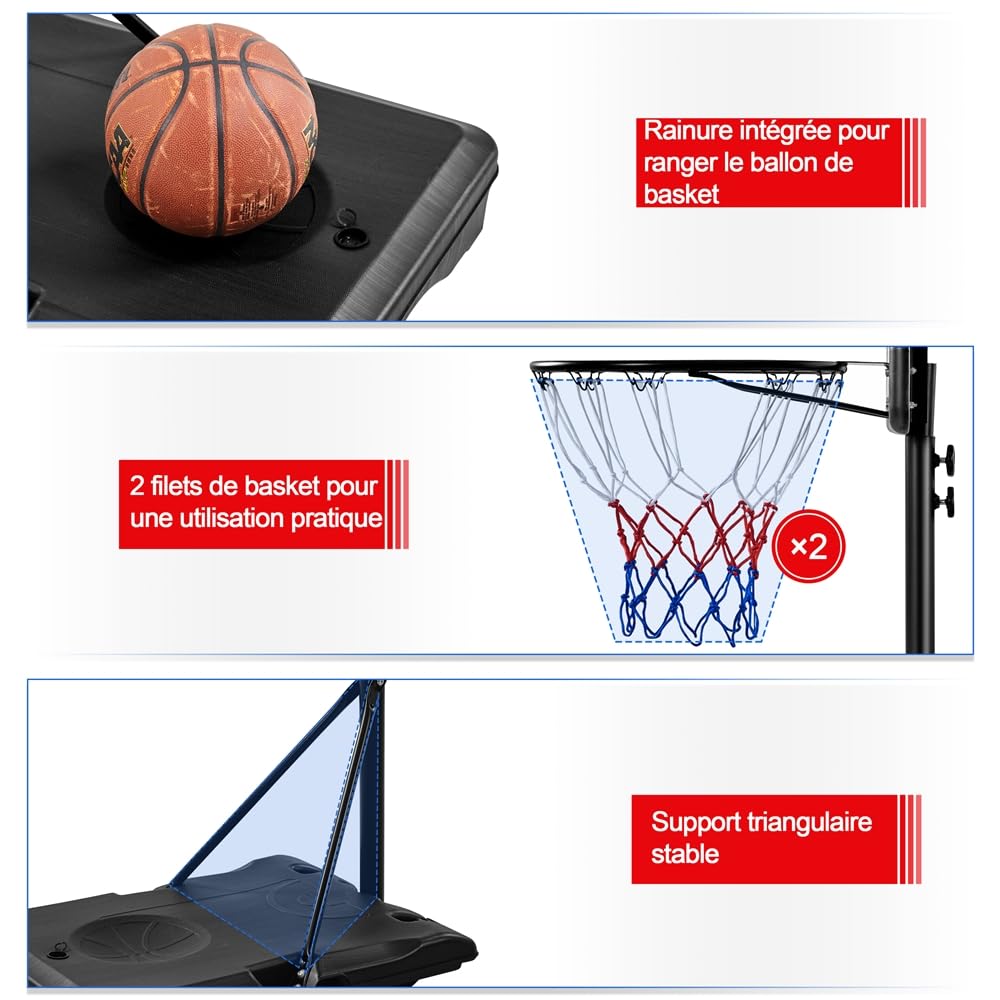 Yaheetech Panier de Basket Extérieur Portable Réglable en Hauteur 219-249/234-264 cm Panier de Basket sur Pied à roulettes avec Base de Lestage Panneau Arrière Robuste Noir