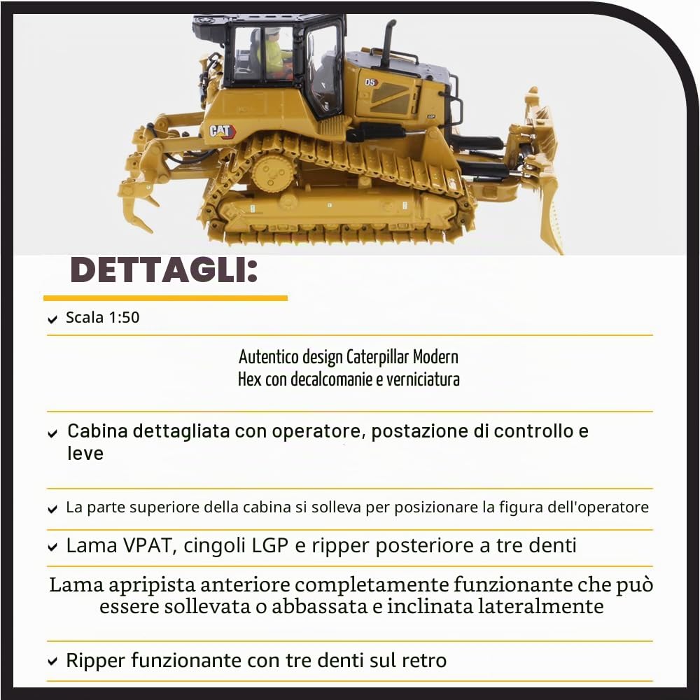 Caterpillar Diecast Masters 85951 - Bulldozer D5 LGP, Scala 1:50, Circa 13,5 x 9,3 x 7 cm, dai 14 Anni in su
