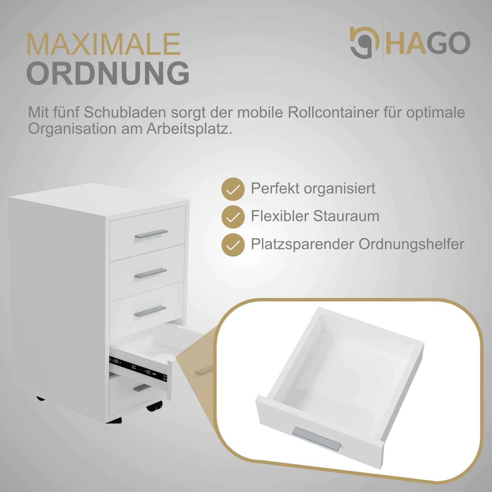 HAGO24 | Rollcontainer | Bürocontainer | Büroschrank | Aktenschrank | Rollschrank | 5 Schubladen | Aluminium-Griffe | Möbelrollen | 360° schwenkbar | Weiß |