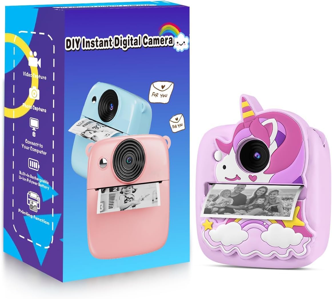 Cámara de impresión instantánea para niños, regalos de cumpleaños de Navidad para niños de 3 a 8 años, cámara infantil de 48 MP y 1080P con cubierta de silicona, cámara instantánea de juguete portátil 8