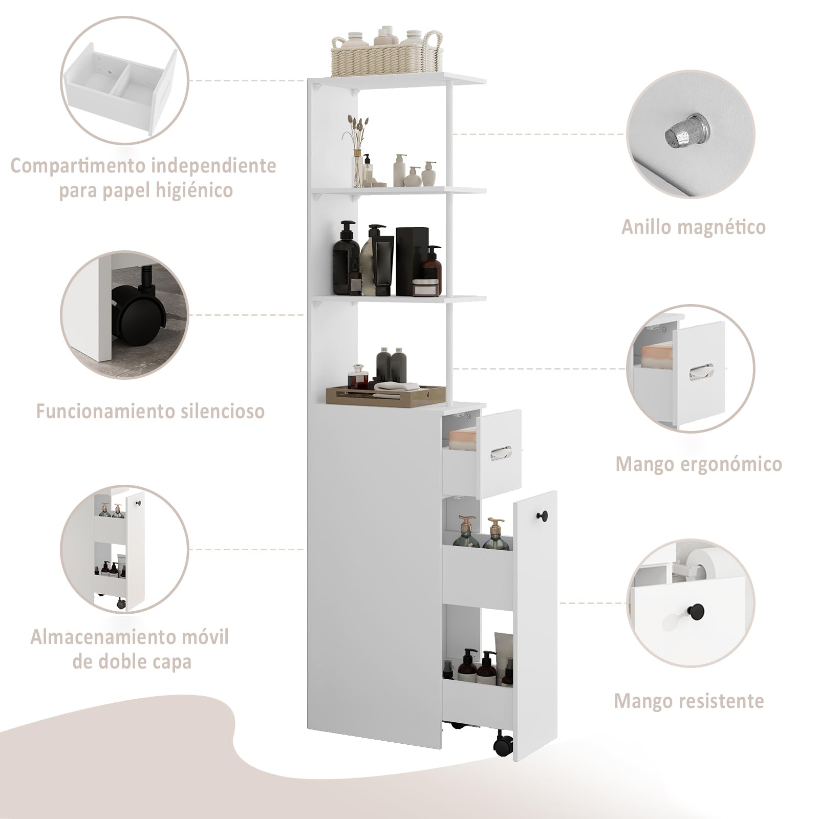 YU YUSING Mueble de Baño Estrecho de 23cm con 2 Cajones 4 Ruedas, Armario Alto Independiente con 3 Niveles Abiertos 167cm, Columna de Baño Blanco, Moderno para Salón Aseo Dormitorio