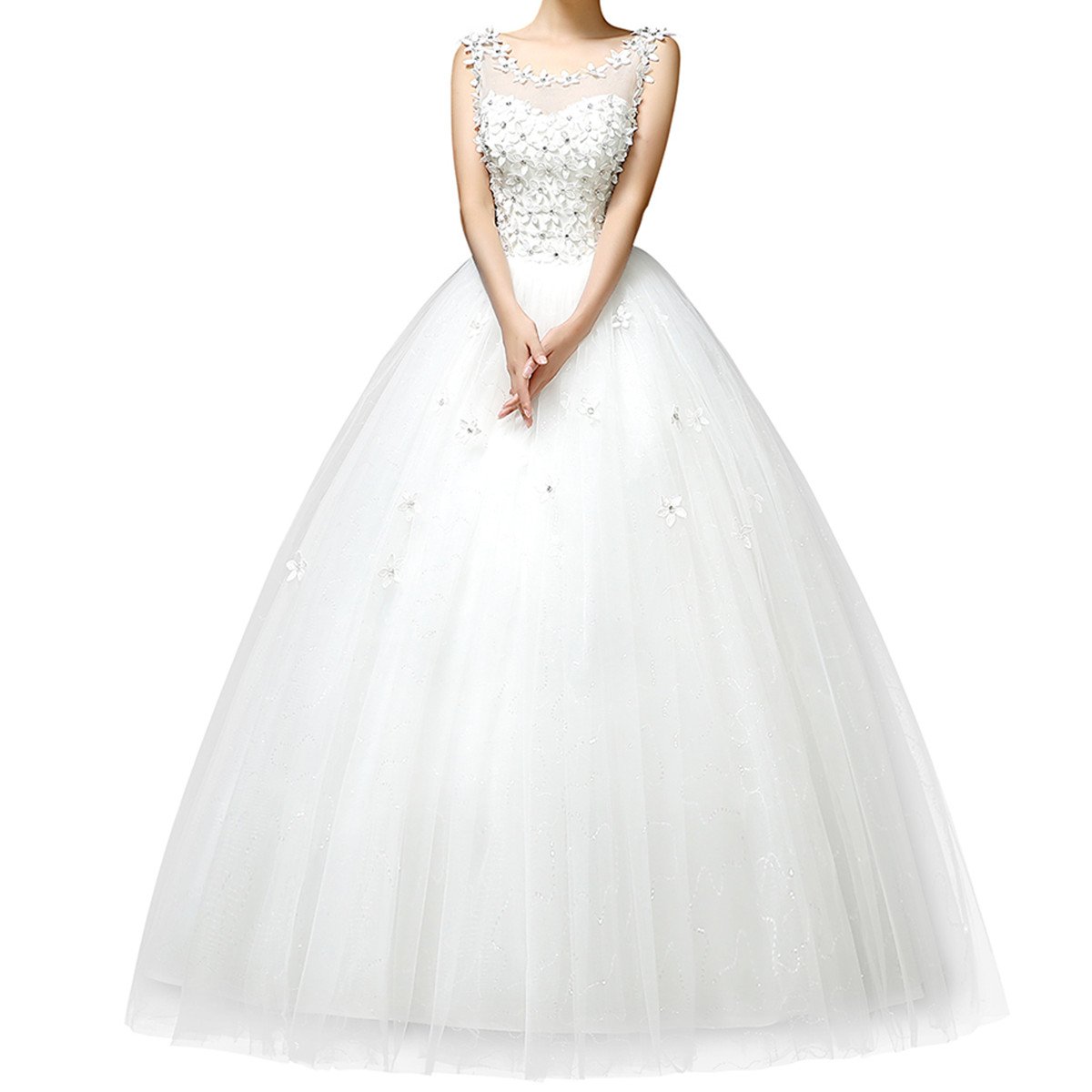 Vestito da sposa, da donna, elegante, in pizzo con schiena nuda, con fiori