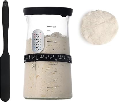 Sourdough Starter Jar Kit 1200ML Reusable Wide Mouth Sourdough Jar | Fermentation Sourdough Starter Container with Silicone Lid & Scraper Date Marked Feeding Band Cloth Cover Thermometer Band