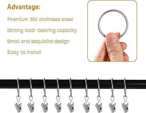 Miniatura 4 de 44 anillos de cortina con ganchos de clips, anillos de cortina de metal de acero inoxidable de 1.26 pulgadas, clips de suspensión para soporte de