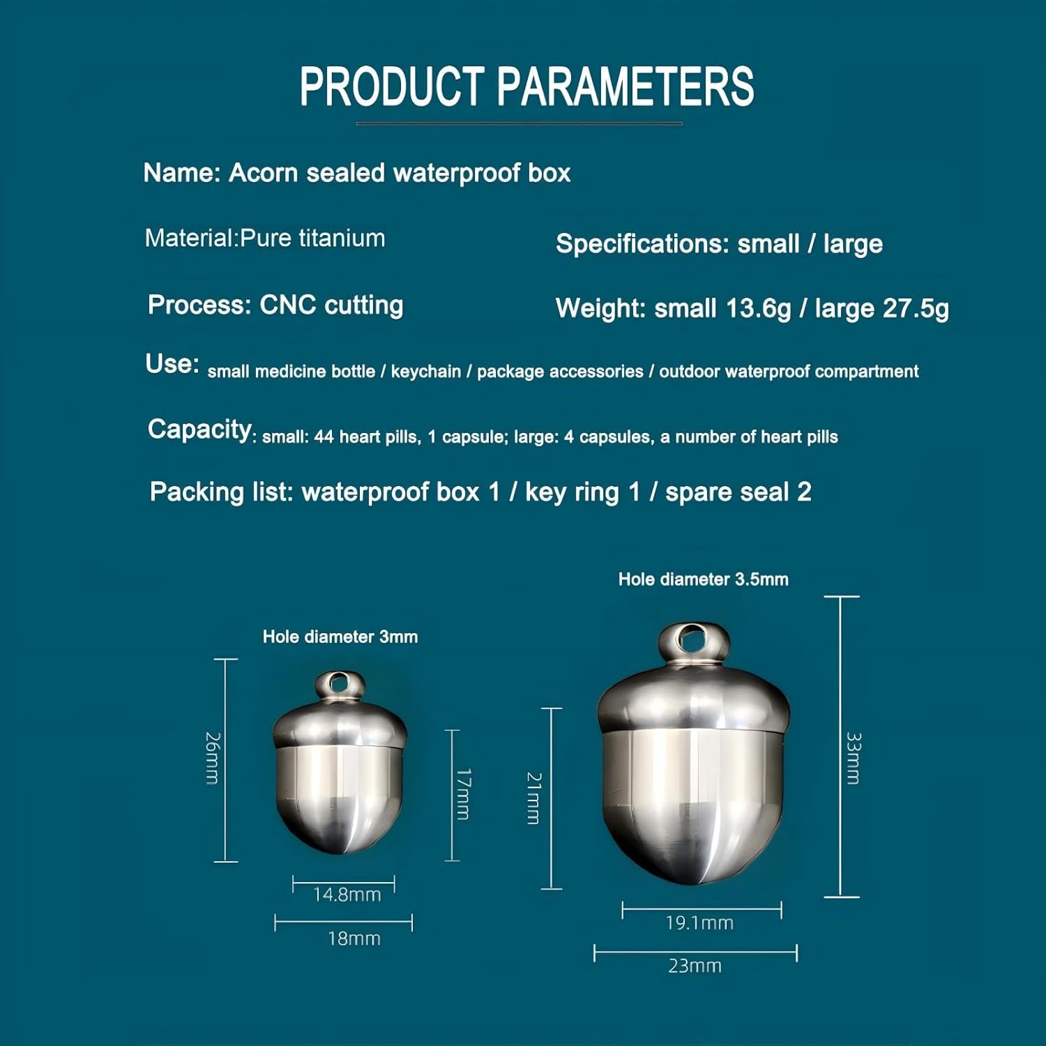Pure Titanium Acorn Portable Storage Box, Waterproof Sealed Container Box, Travel Pill Organizer, Pocket Daily Pill Case EDC Container for Outdoor Camping Working (TI L)