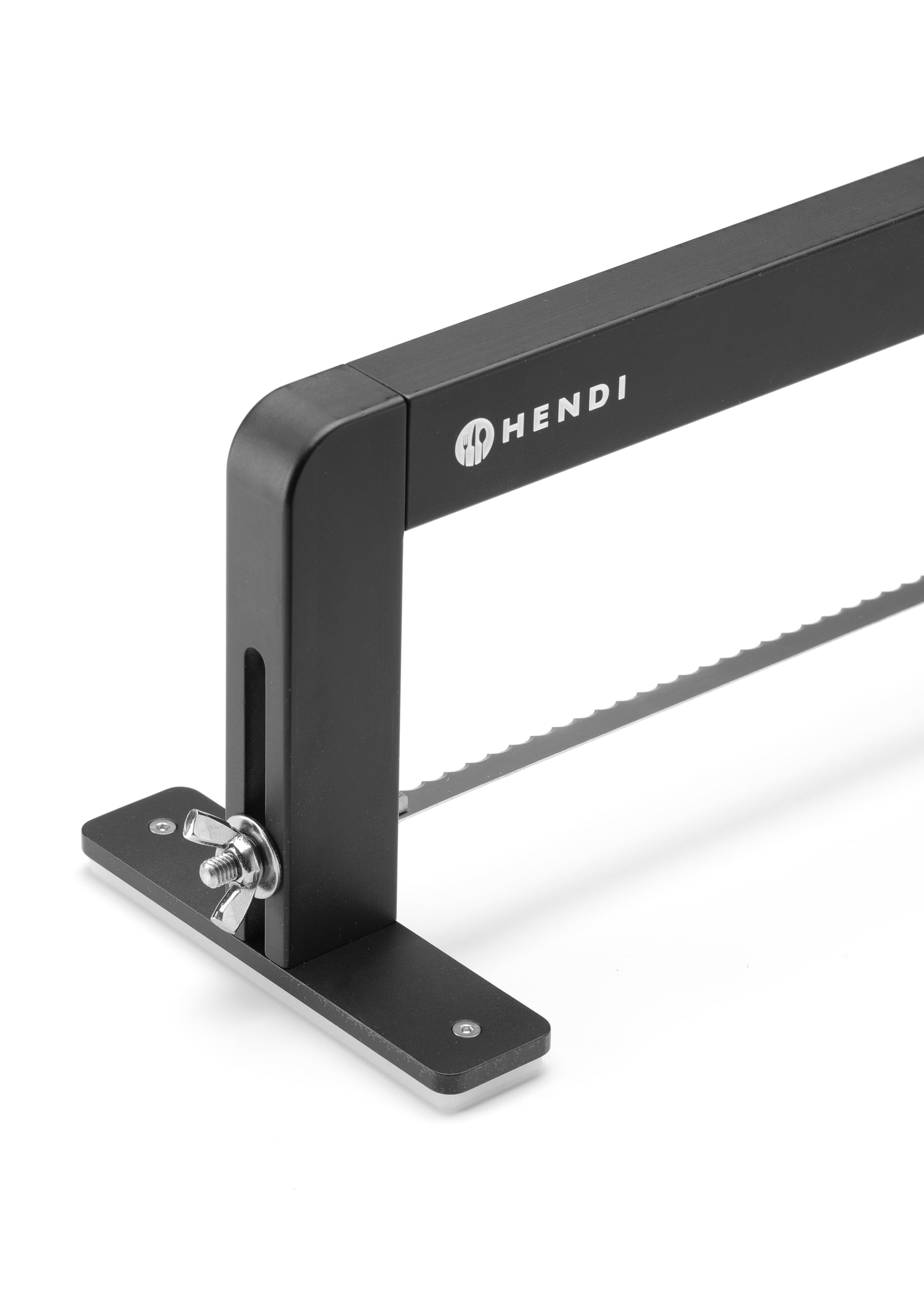 HENDI Sierra manual profesional de repostería, hoja ajustable, para cortar masa de tartas en capas, cortador, rebanadora, niveladora de biscocho, 620x120x(H)130mm, acero inoxidable, aluminio, negro