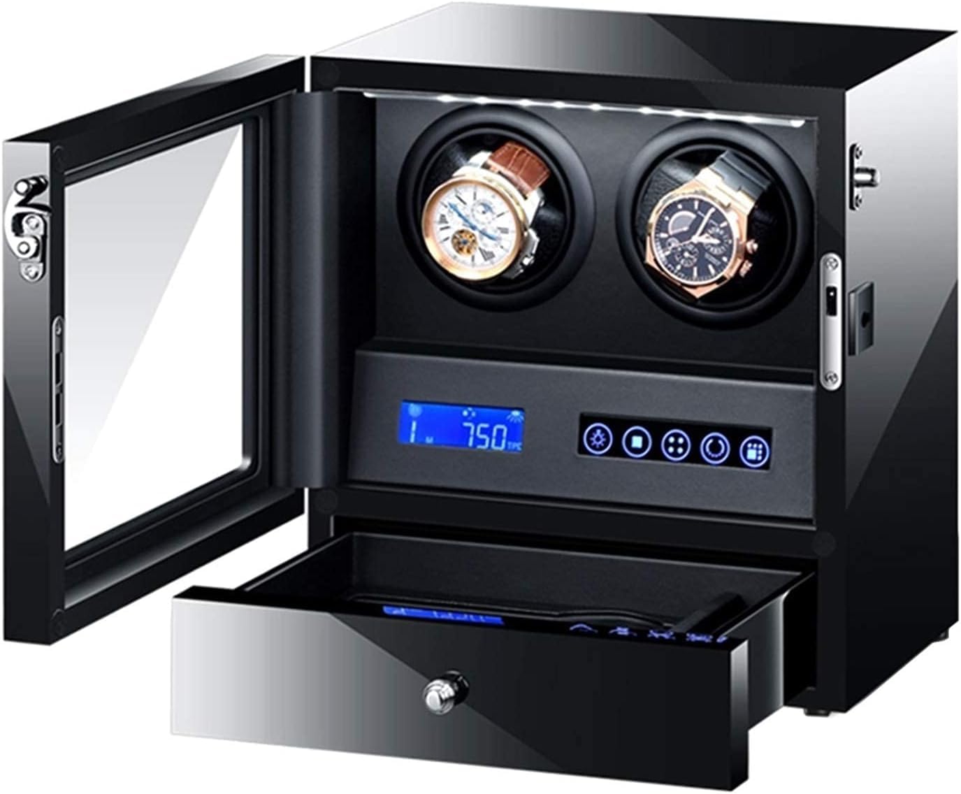 FENOKD Watches and Jewelry Black Automatic Watch Winder Box with LED Backlight Storage Drawer LCD Touch Screen Control Piano Pa