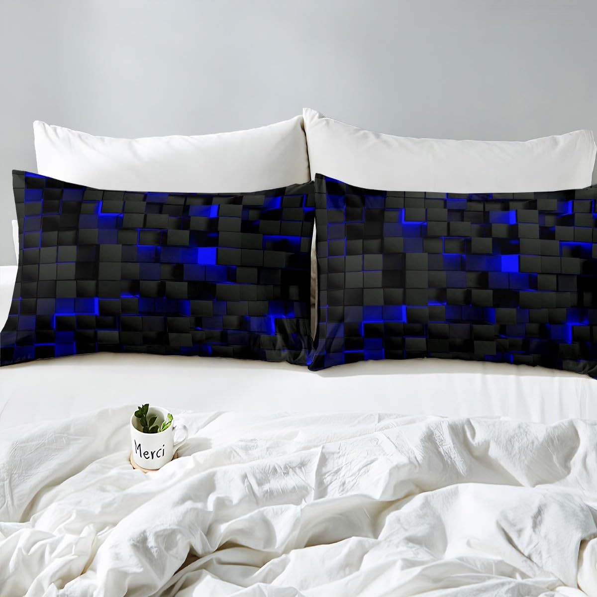 Teen Boy Geometric Bedding Set Super King Black Navy Royal Blue Kids Comforter Cover For Boys Men,Neon Abstract Stereoscopic Check Grid Duvet Cover Square Plaid Bed Set 3D Modern Room Decor - Image 4