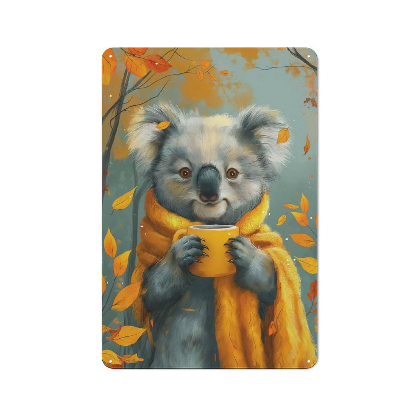 Junmoney Koala With Tea Cup Metal Wall Sign 30X20cm, Retro Decor For Hallway Wall, For Wall Display Collectors