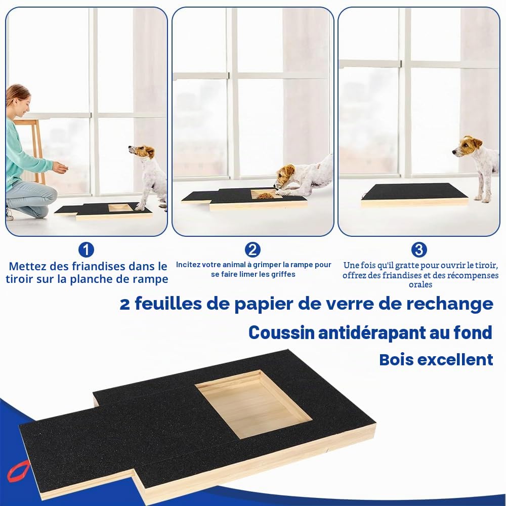 Planche à gratter pour Les Ongles avec boîte à goûter, Tableau à griffer pour Chien avec 2 Feuilles de Papier de Verre de Rechange, Bloc à gratter Alternatif