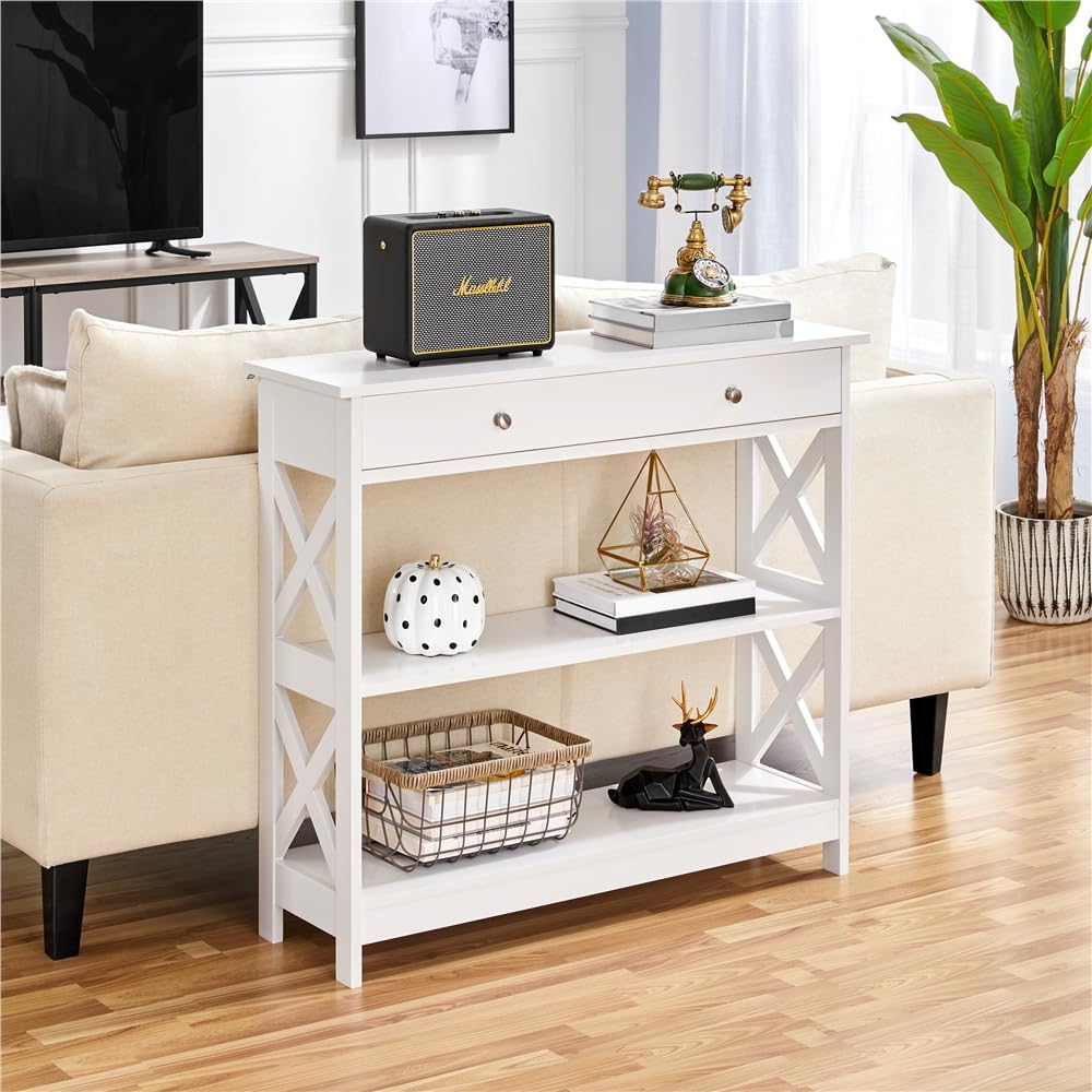 Yaheetech Table Console en Bois MDF Meuble d'Entrée avec 2 Etagère de Rangement Design en Forme X pour Salon Couloir Table d'appoint Blanc 80 × 30 × 80 cm | Console blanche en bois, style vintage, meuble auxiliaire de rangement pour canapé, salon, couloir