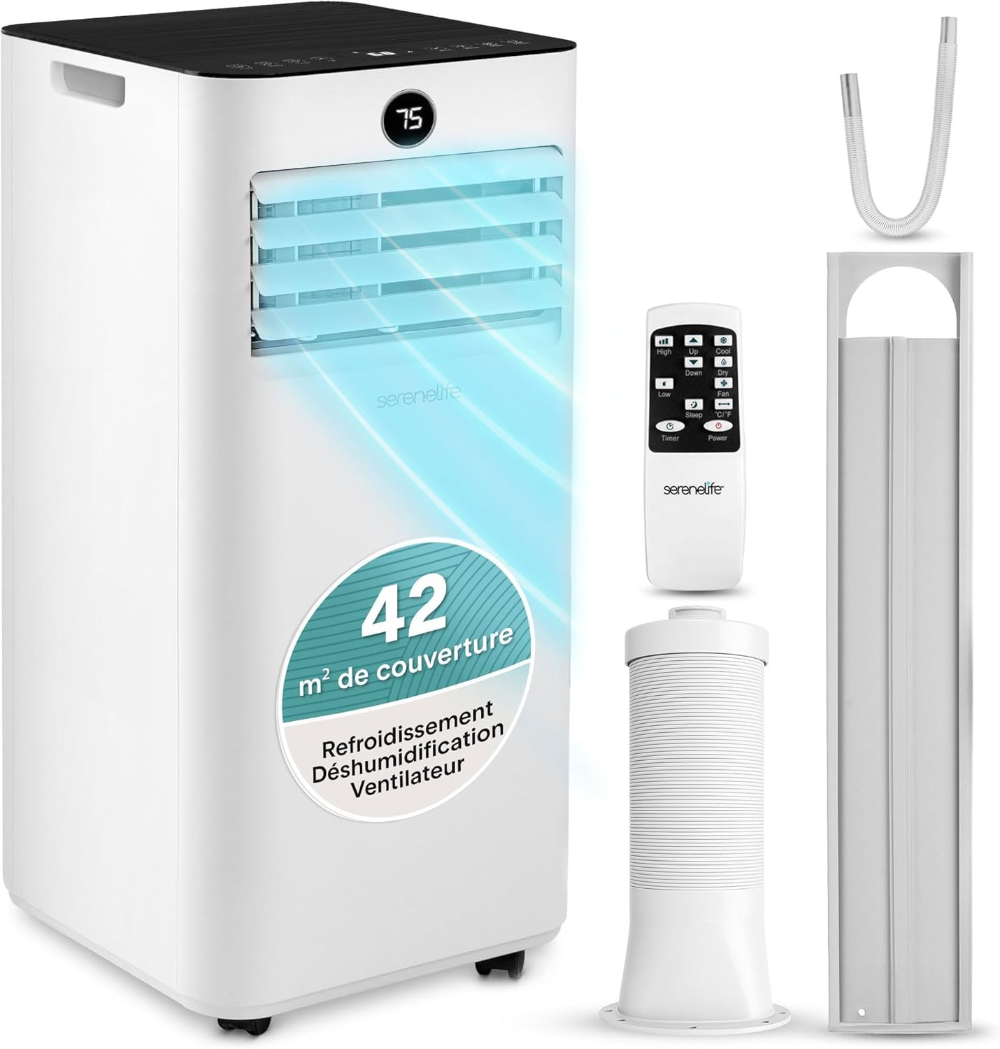 SereneLife Mobile Klimaanlage 9000 BTU – tragbar leise 55 dB 31 m² Ventilator und Luftentfeuchter, Luftkühler, Fernbedienung, LED-Display