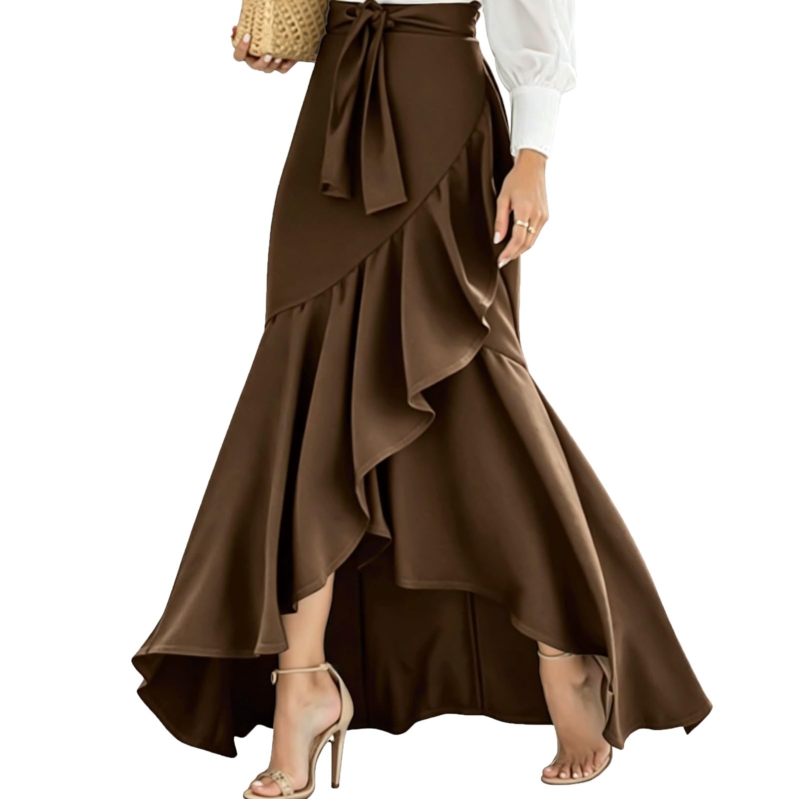 DUddTTW A-line Midi Long Skirt Belt Women's Maxi Skirts Irregular Design(Brown,Lagre)