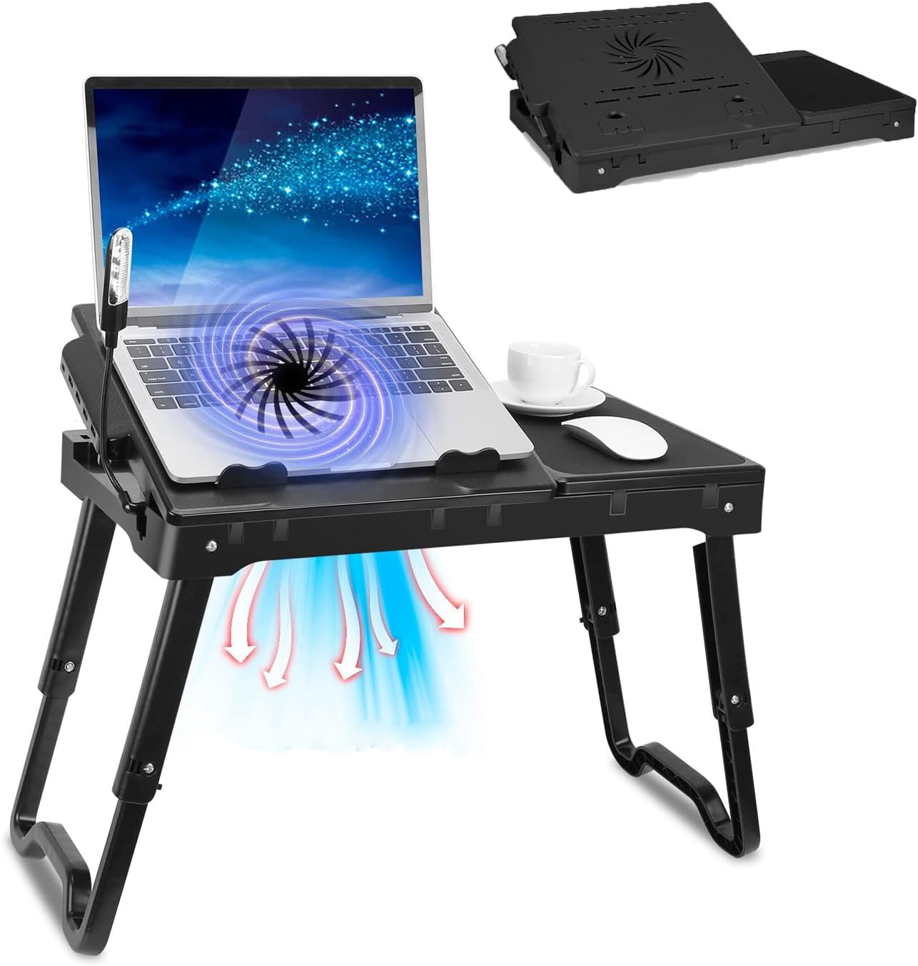 Laptop Table for Bed, Bed Table Trays for Eating and Laptops with Adjustable Laptop Stand, Multi-Functional Lap Desk with Internal Cooling Pad, LED Desk Lamp, 4 Port USB Hub, Mouse Pad
