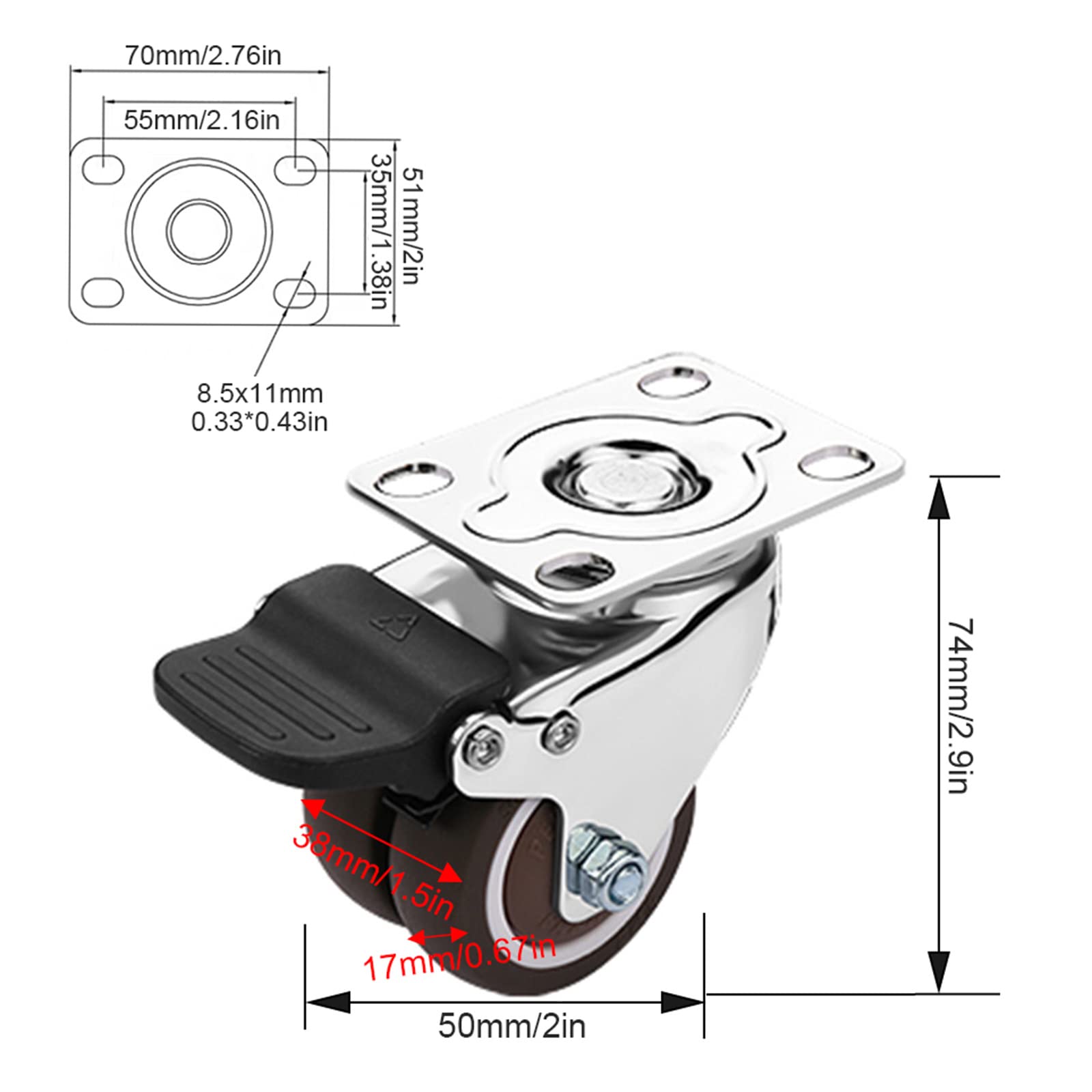 4X Rotelle Doppie, Ruote Pivotanti con Freno, Rotelle per Carrello Mobili Pesanti, Rotelle Girevoli Resistenti all'Usura, Ruote Universali, Portata 200 kg,4brakes-50mm/2in