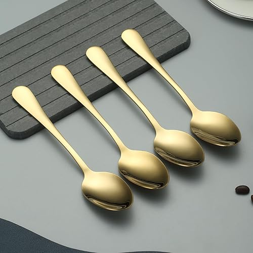 Miniatura 4 de Cucharas doradas de 12 piezas, cucharas de acero inoxidable chapado en titanio dorado de 7.28 pulgadas, cucharas de postre, cuchara de mesa,