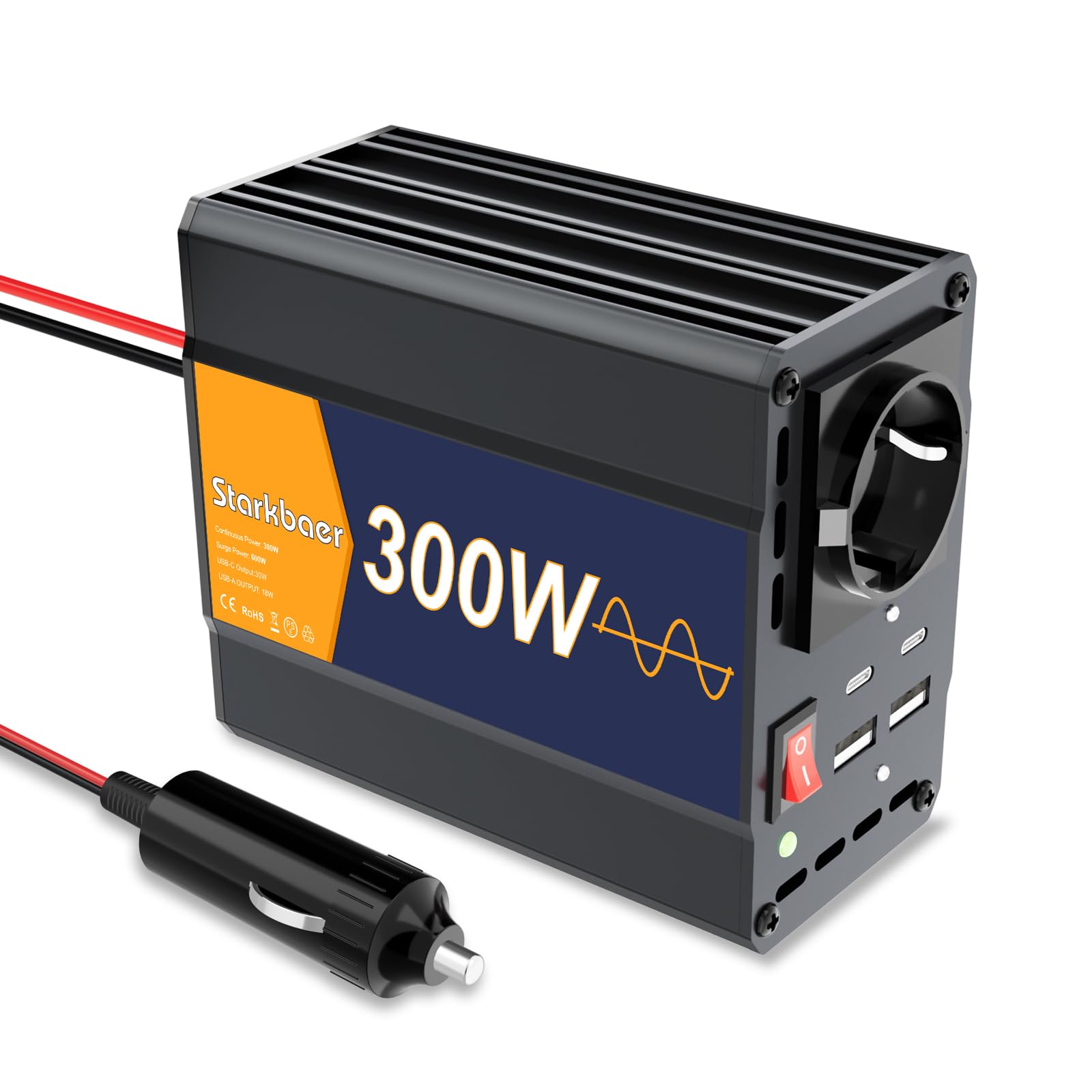 300W/600W Wechselrichter Reiner Sinus 12V auf 230V Spannungswandler, Pure sine Auto Inverter, 4X USB & 1xAC Steckdosen Stromwandler. Kfz-Zigarettenanzünder-Stecker, Alu-Legierung.