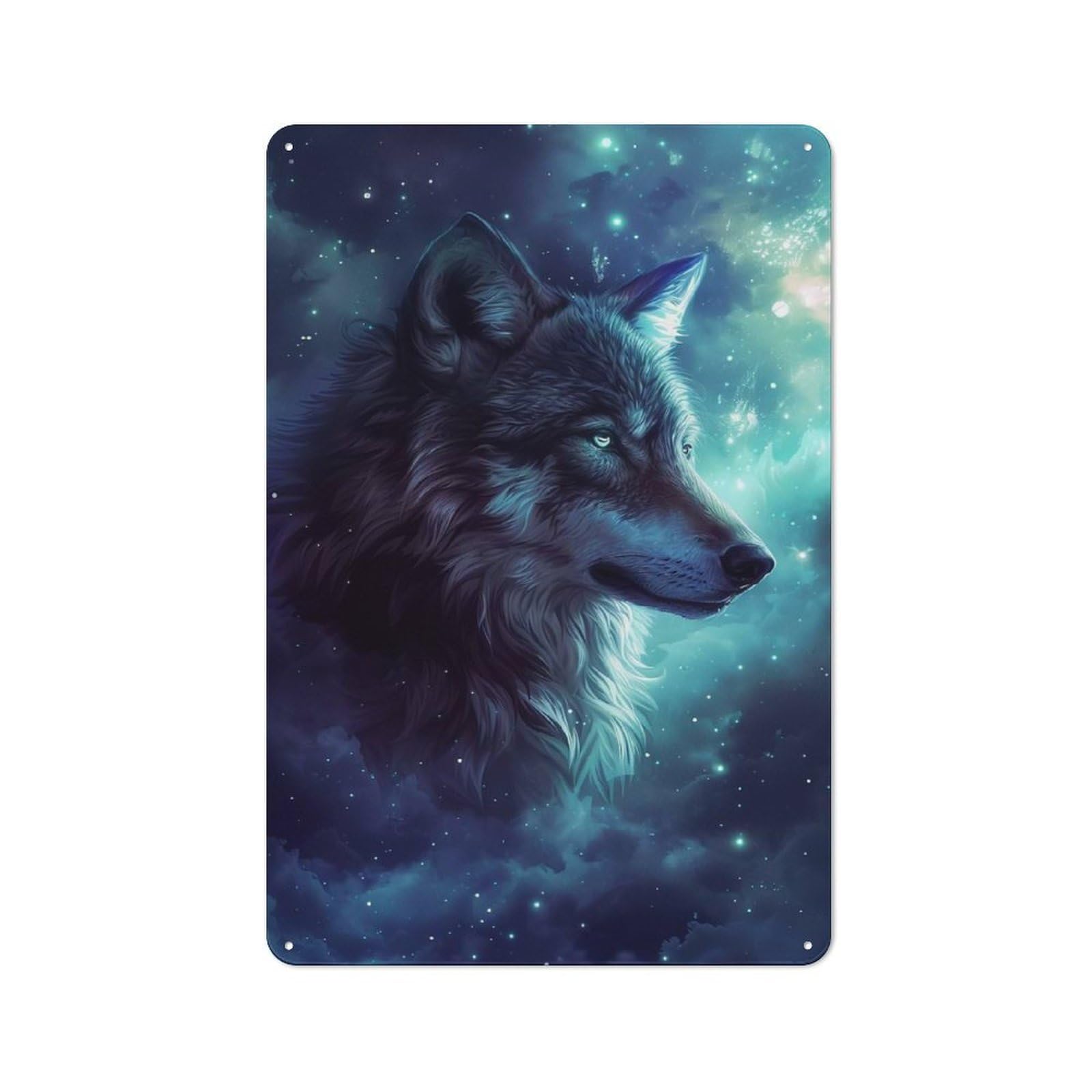 Metal Wall Sign 30x20cm Featuring Wolf In Space Galaxy for Pub Or Café, Housewarming Wall Decor for People Furnishing Pub And Café