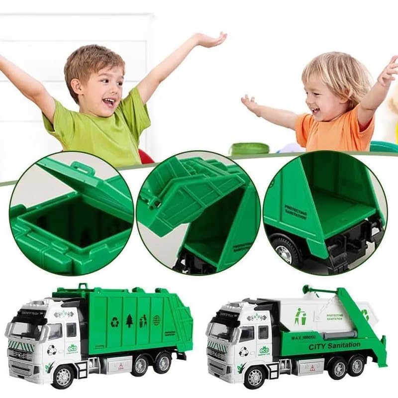 Image of 1:38 Sanitation Garbage Truck Kids Diecast Metal City Sanitation Garbage Truck- Friction Powered, Garbage Truck with Top Open Dumper Garbage Lifter Truck