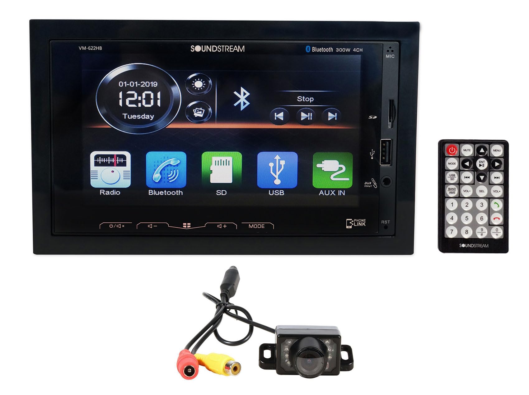 Bundle: (1) Soundstream VM-622HB 6.2 Car Monitor Bluetooth Receiver w/Android PhoneLink/USB Bundle with (1) Rockville RBC1 Rear View Backup Car Camera (2 Items)